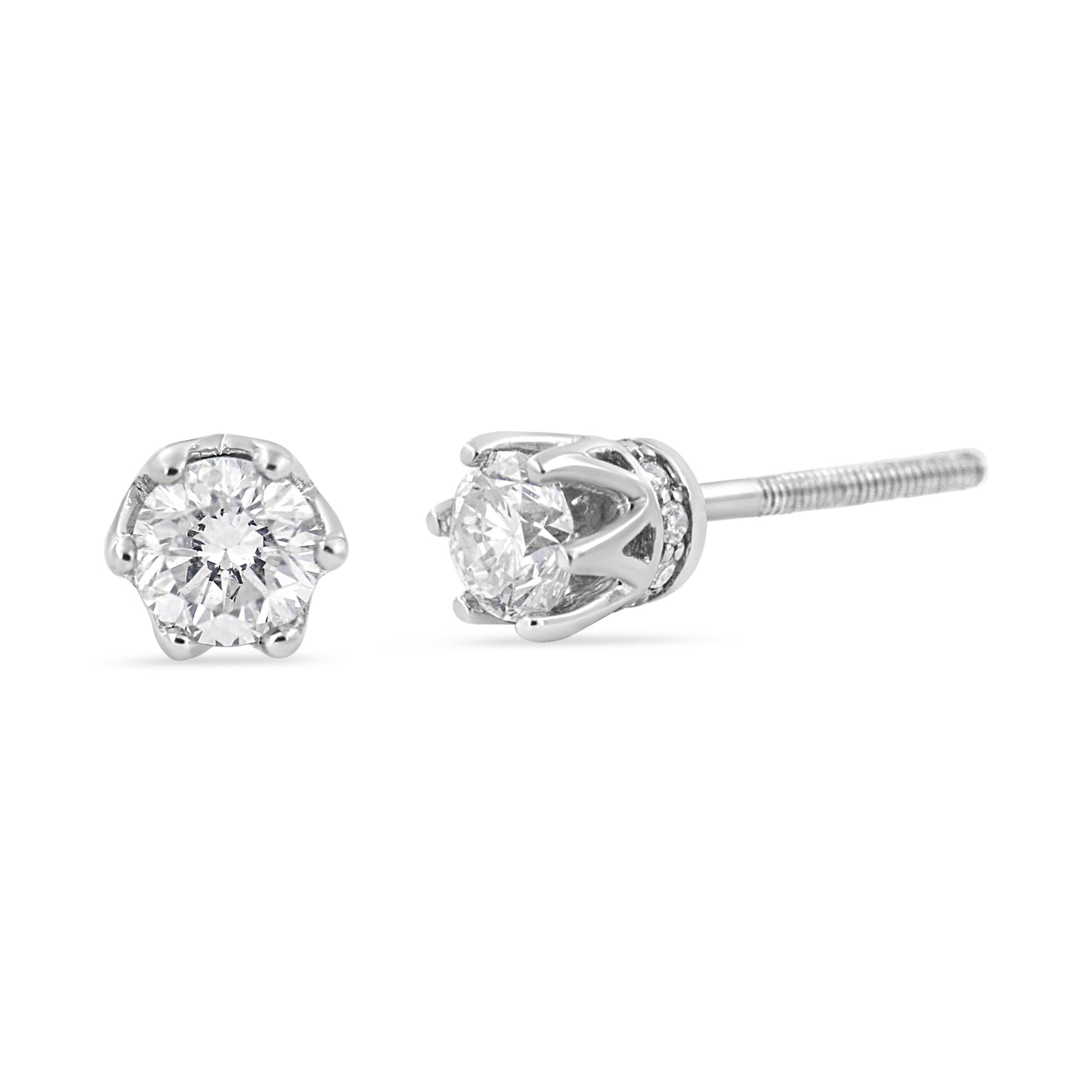 14K White Gold 1/2 Cttw Round Diamond 6 Prong Crown Stud Earrings (I-J Color