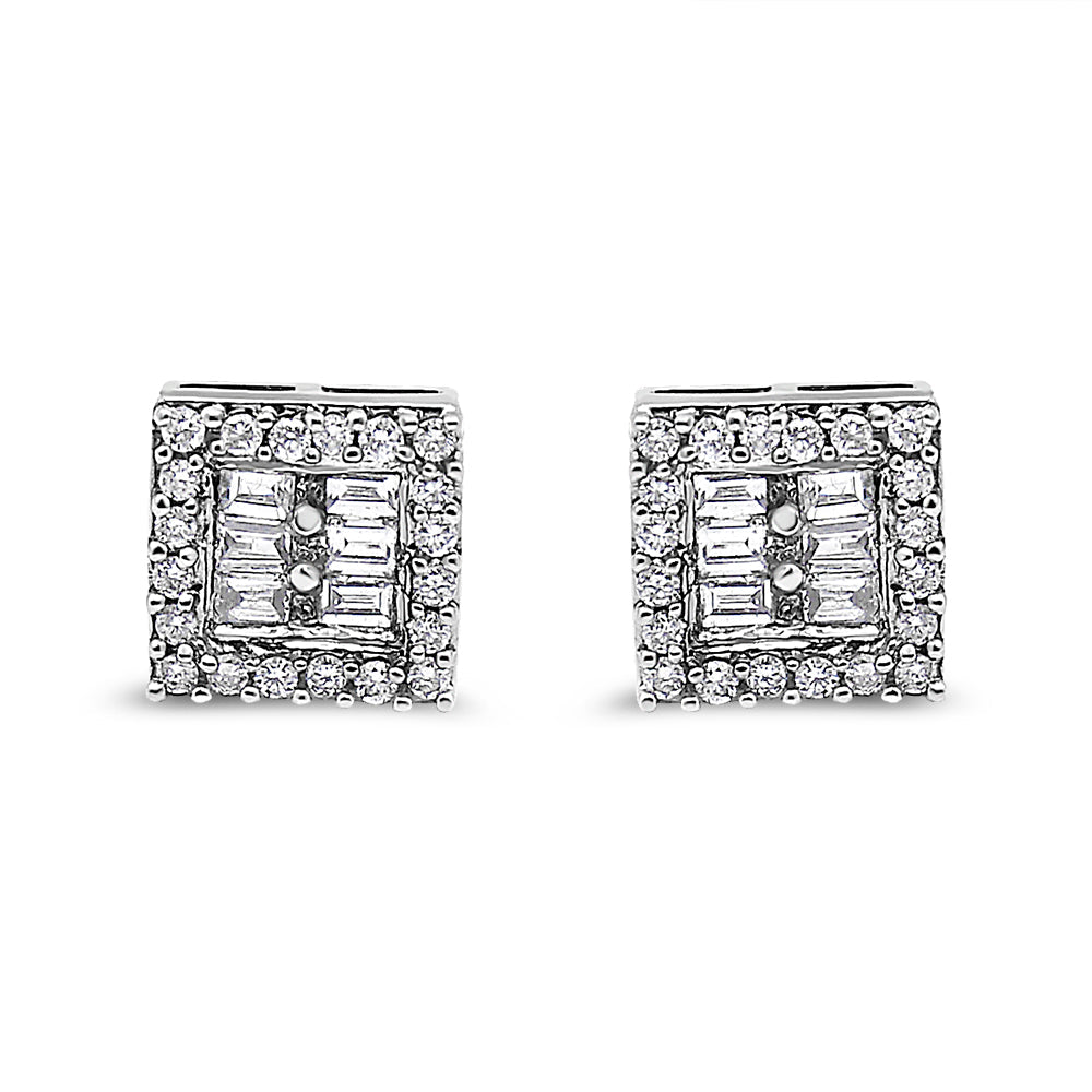 14K White Gold 1 cttw Round and Baguette Diamond Stud Earrings (H-I SI1-SI2)