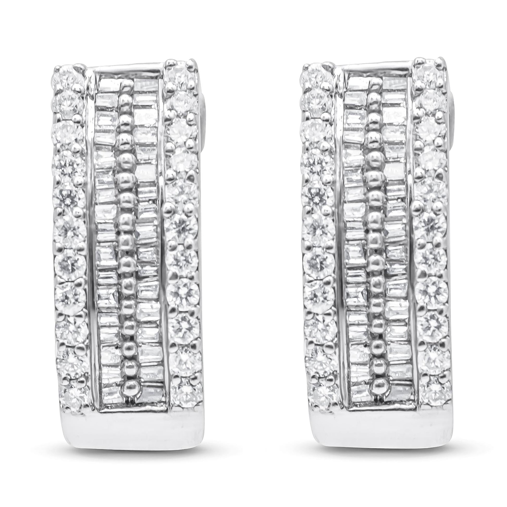 14K White Gold 1 1/2 cttw Round and Baguette Cut Diamond Earrings (H-I SI2-I1)