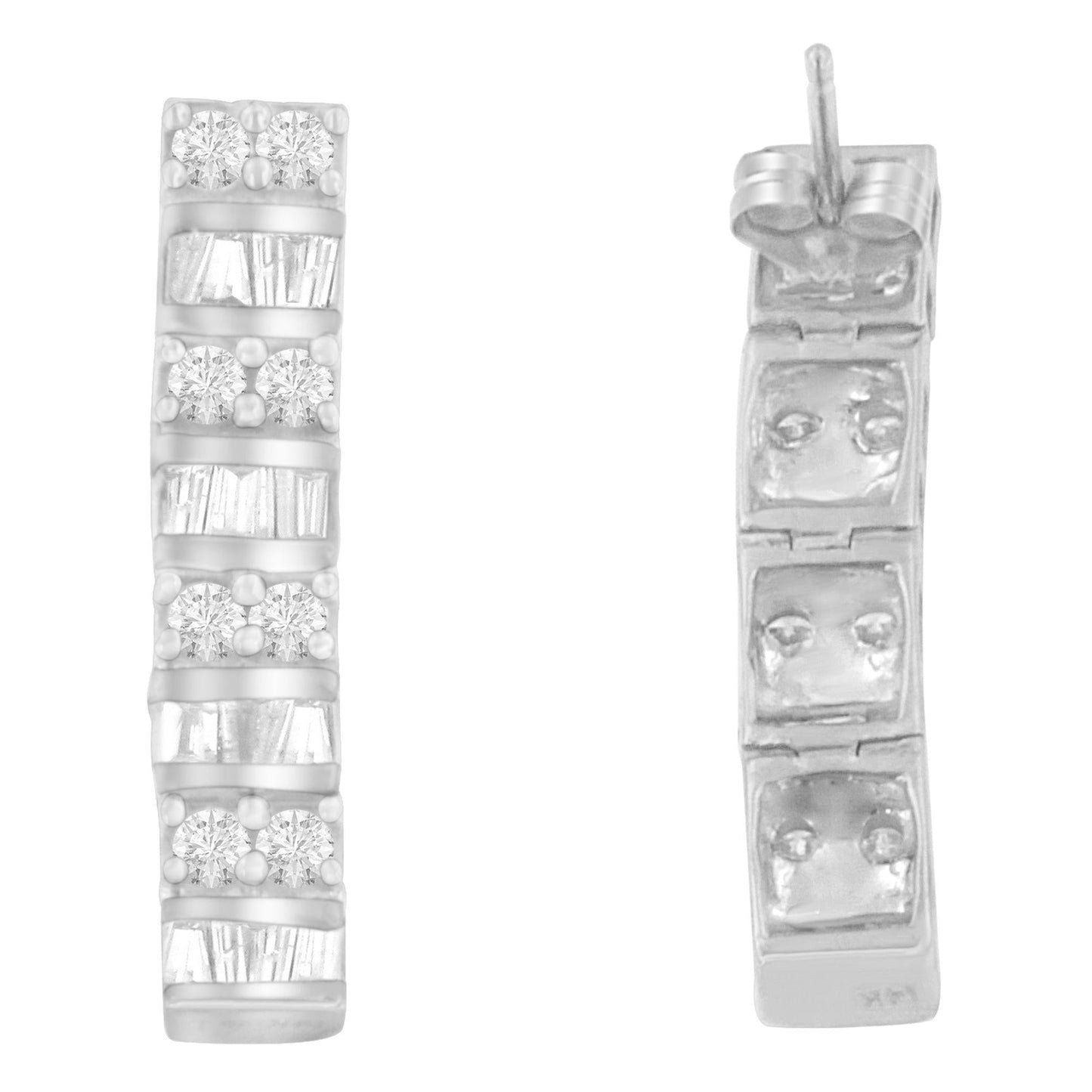 14K White Gold 1 1/3 cttw Round And Baguette Cut Diamond Earrings (H-I SI2-I1)