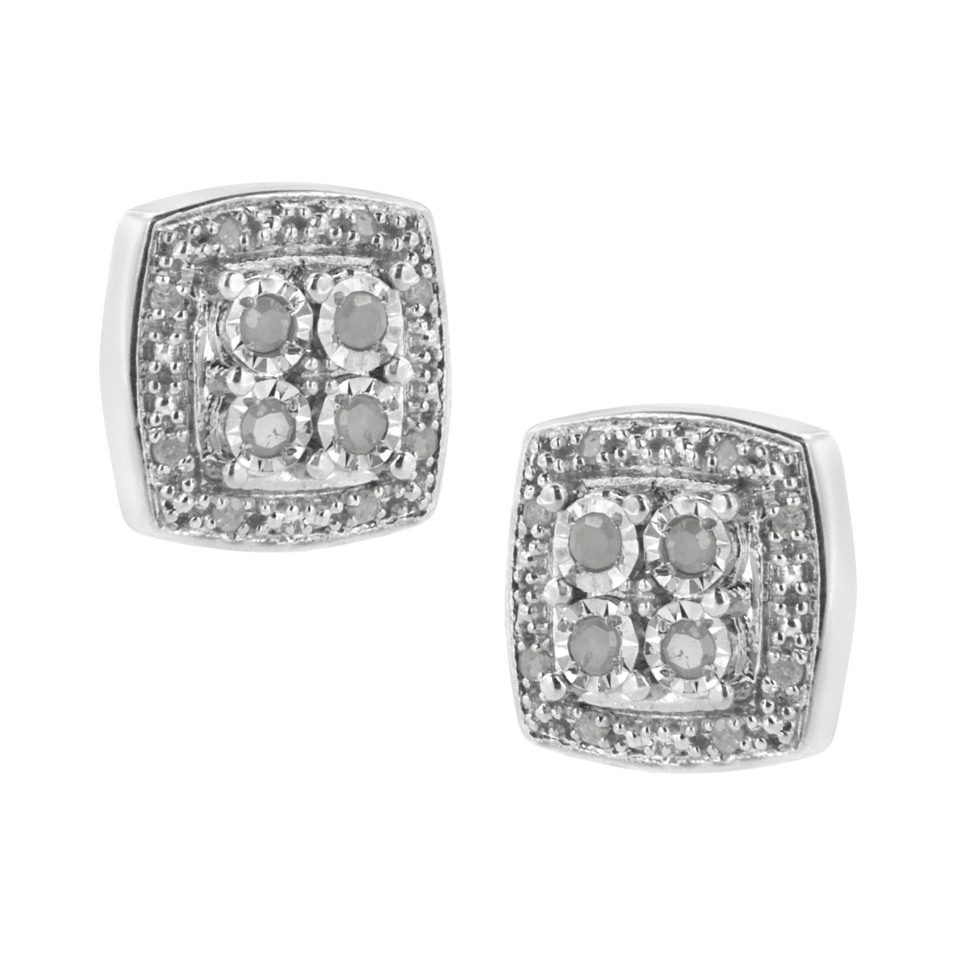 .925 Sterling Silver 1/4 cttw Round Cut Diamond Square Shape Milgrain Stud