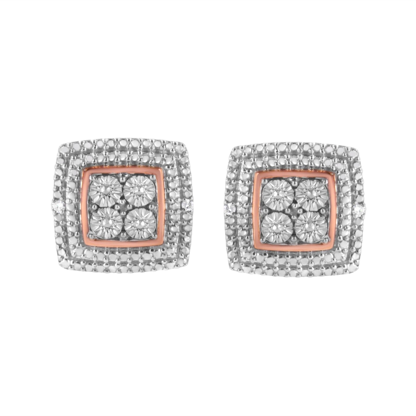 .925 Sterling Silver Diamond Accented Square Shaped Milgrain Stud Earrings (I-J