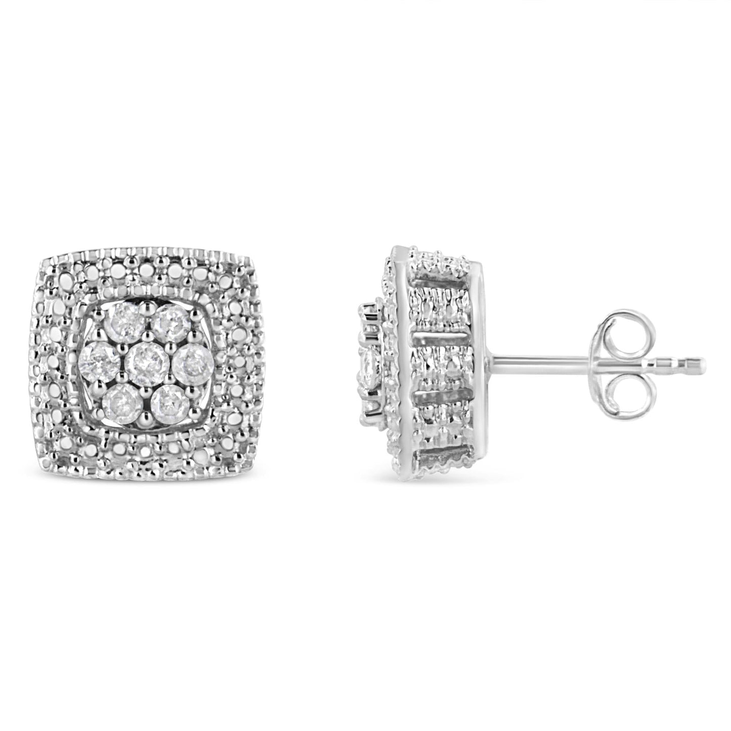 .925 Sterling Silver 1/2 Cttw Diamond Miligrain Square Shape Stud Earrings (I-J