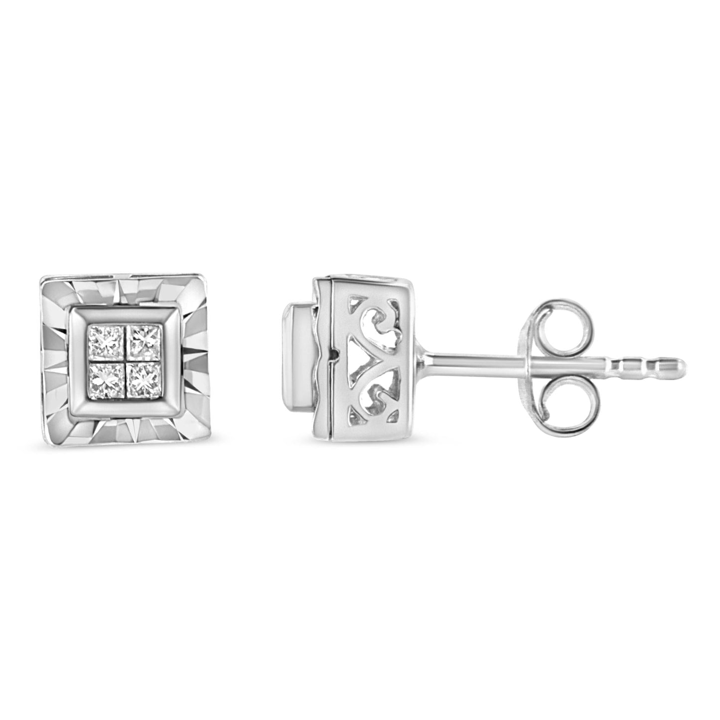 .925 Sterling Silver 1/6 Cttw Invisible Set Princess-Cut Diamond Quad Composite