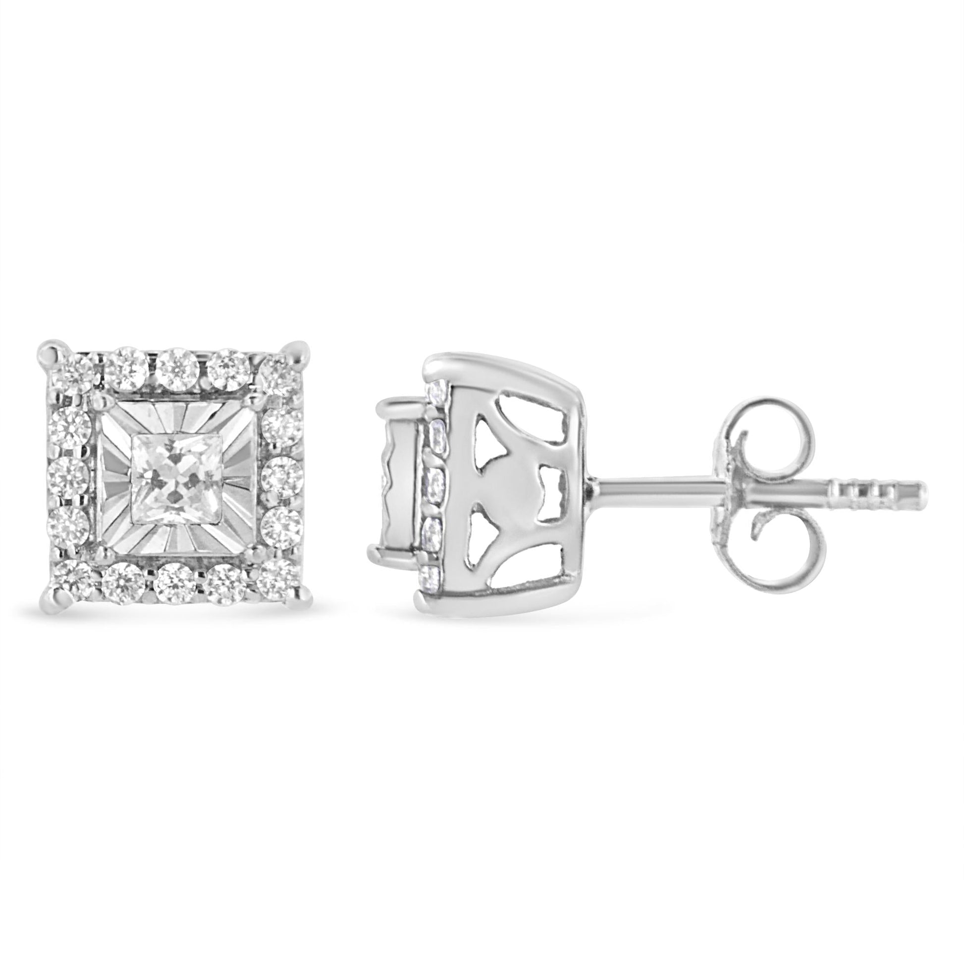 .925 Sterling Silver 1/4 Cttw Princess and Round Cut Diamond Halo Stud Earrings