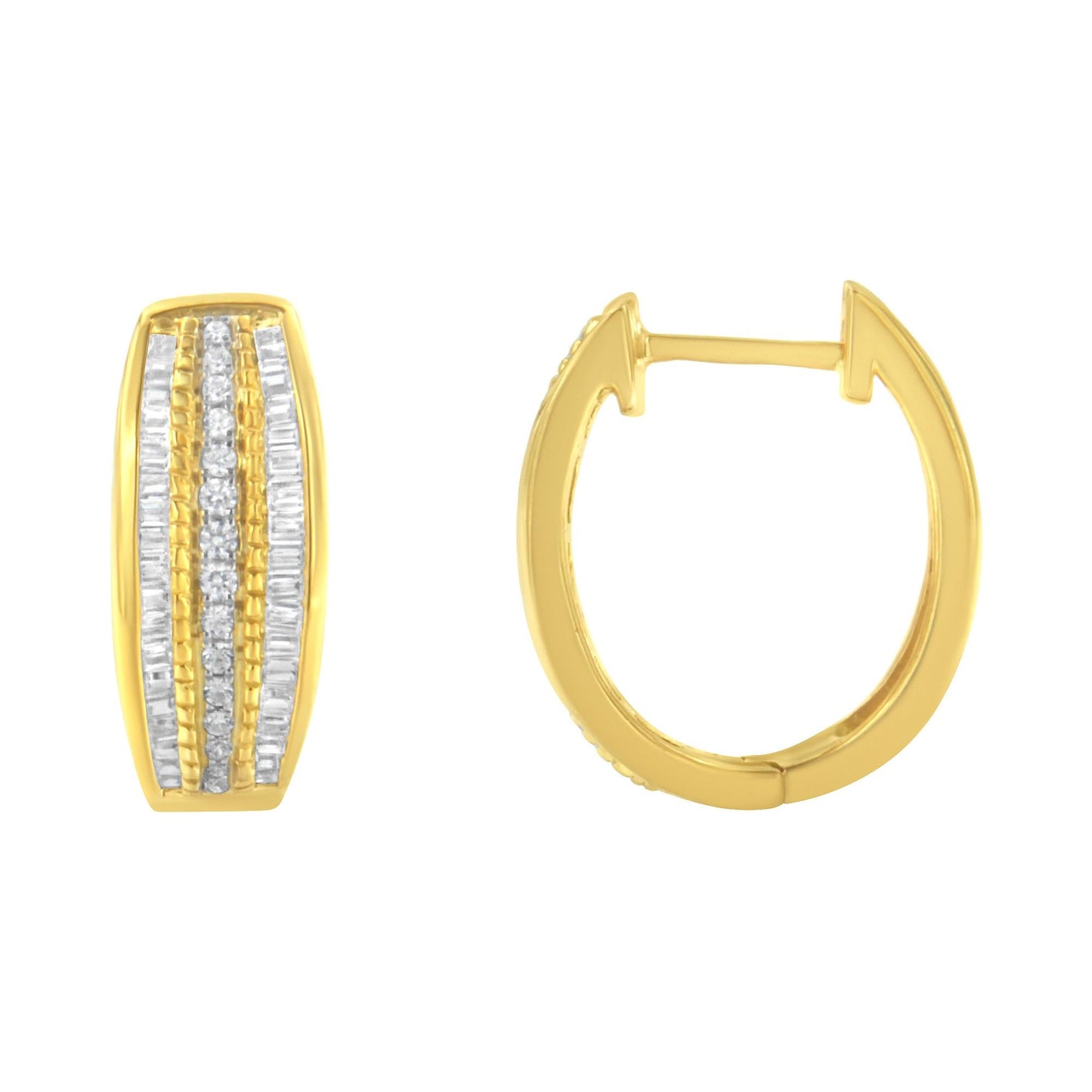 10K Yellow Gold 3/4 Cttw Pave and Channel Set Diamond Triple Row Modern Hoop