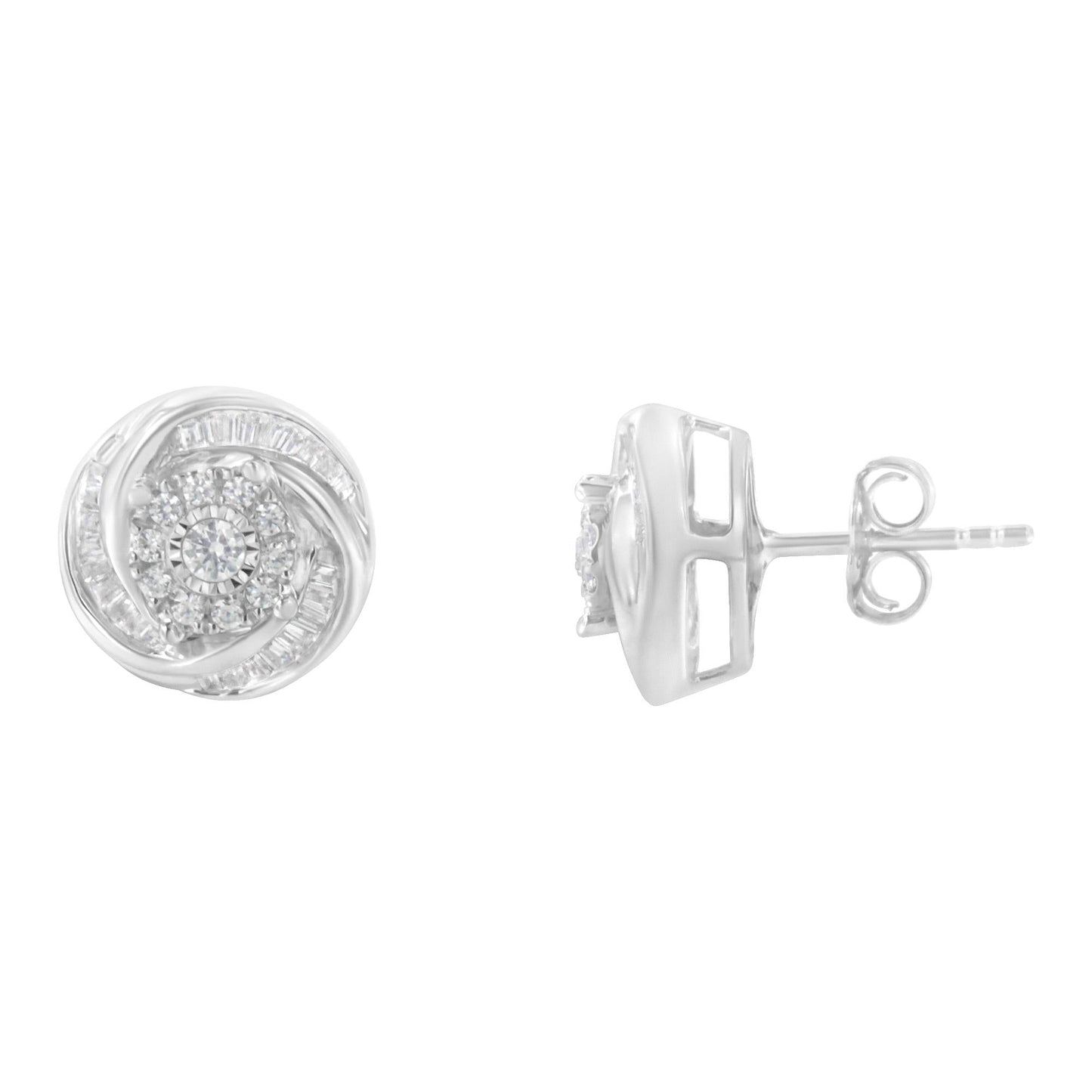 .925 Sterling Silver 3/4 Cttw Round and Baguette-Cut Diamond Love Knot Stud