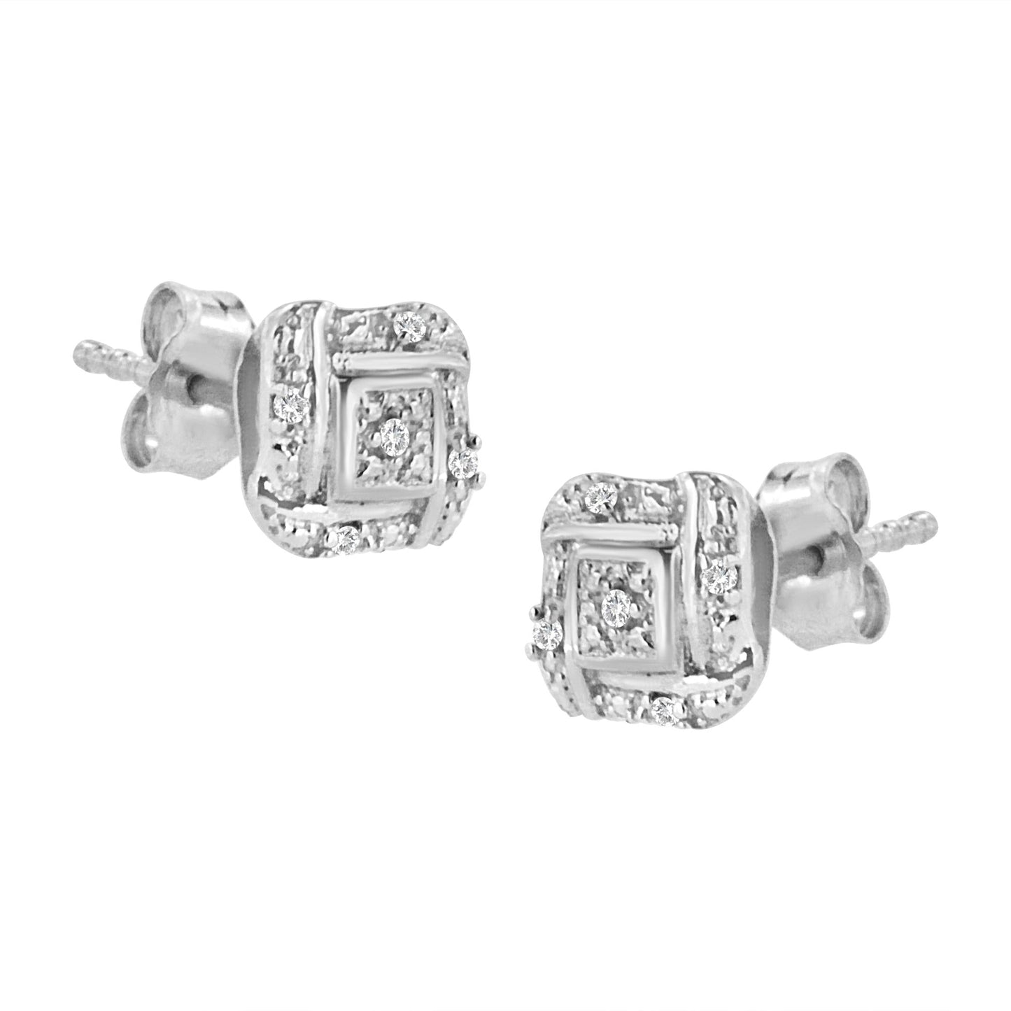 Sterling Silver Round Cut Diamond Square Stud Earrings (0.04 cttw H-I Color