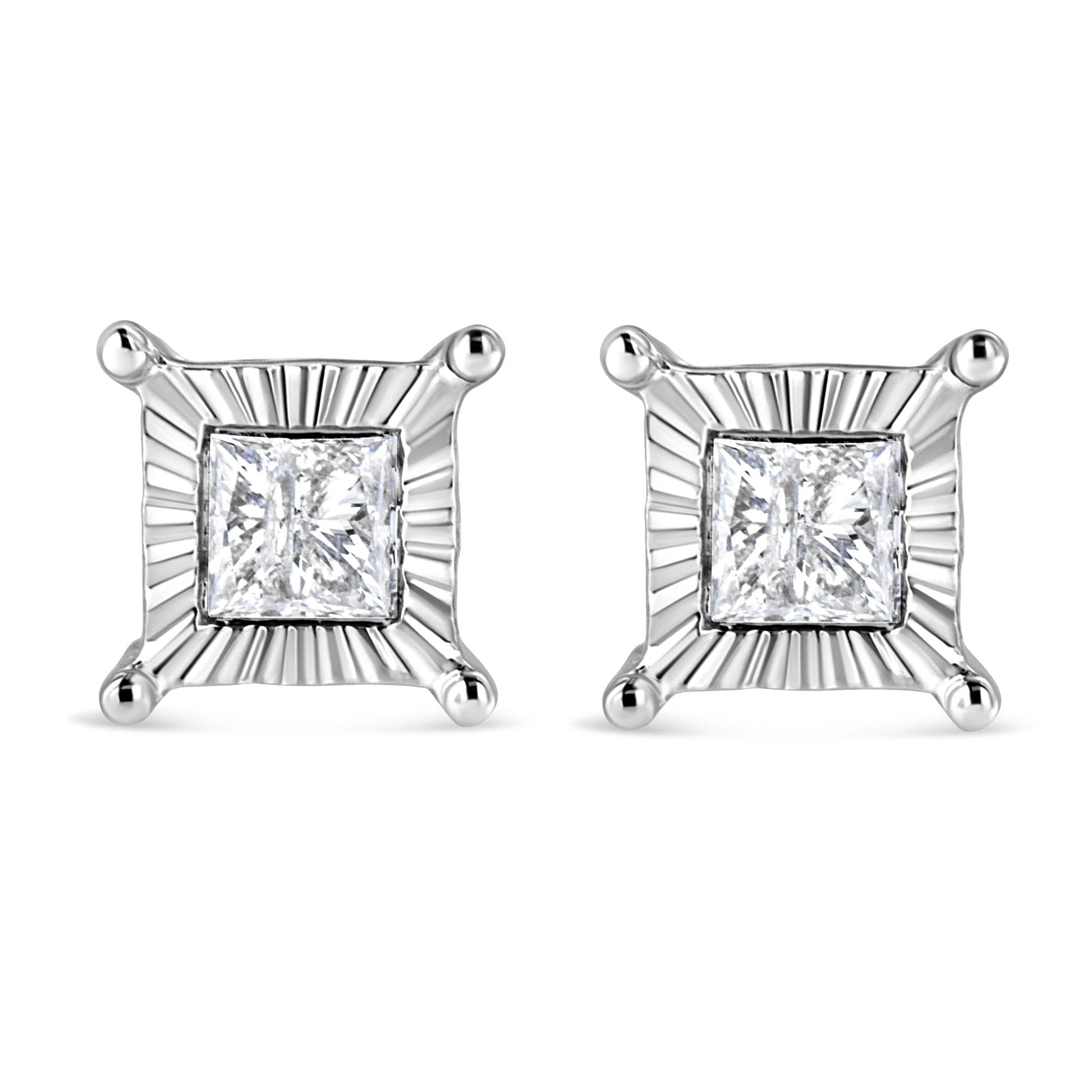 .925 Sterling Silver Miracle Set Princess-cut Diamond Solitaire Stud Earrings