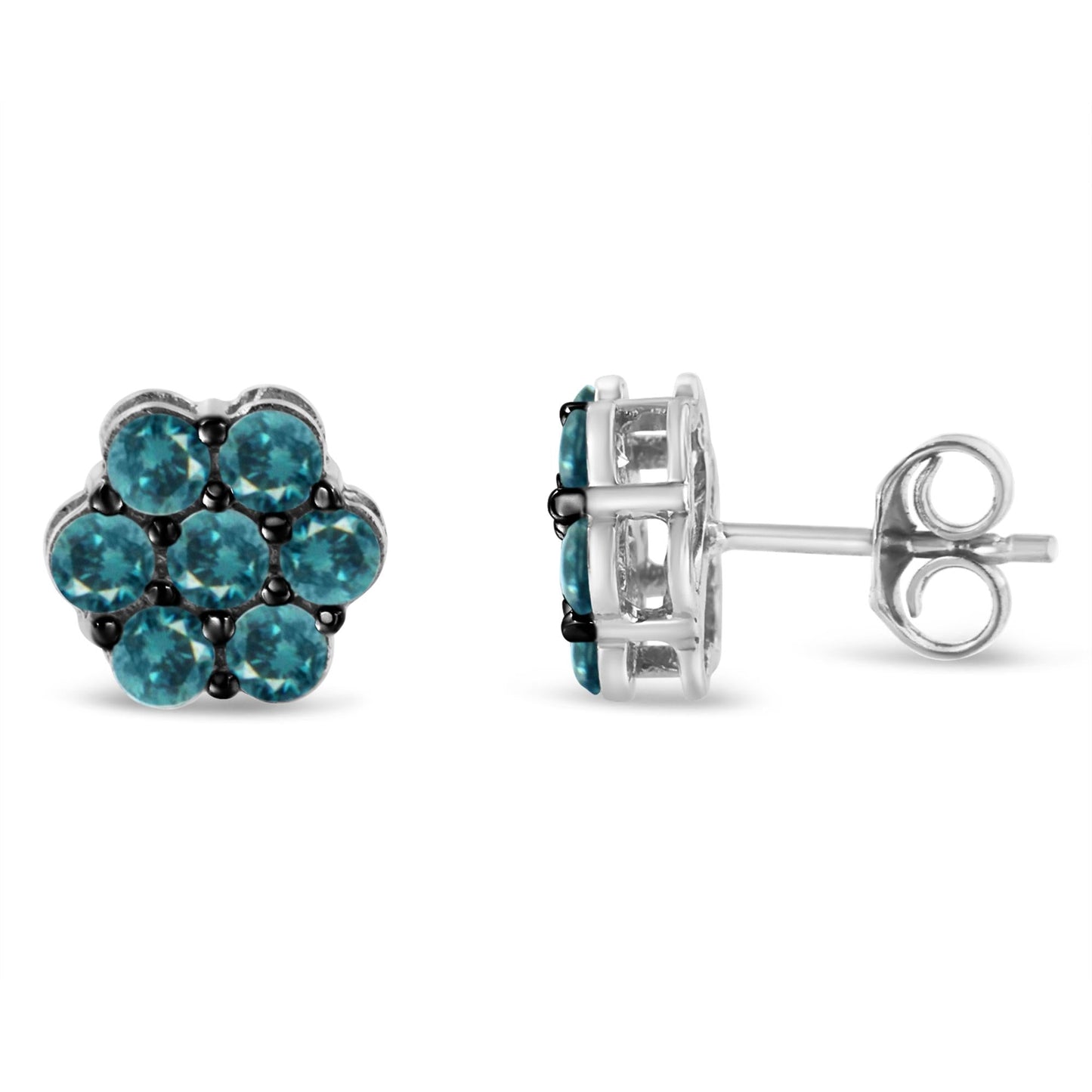 Sterling Silver Treated Blue Diamond Floral Stud Earrings (1 cttw Blue Color