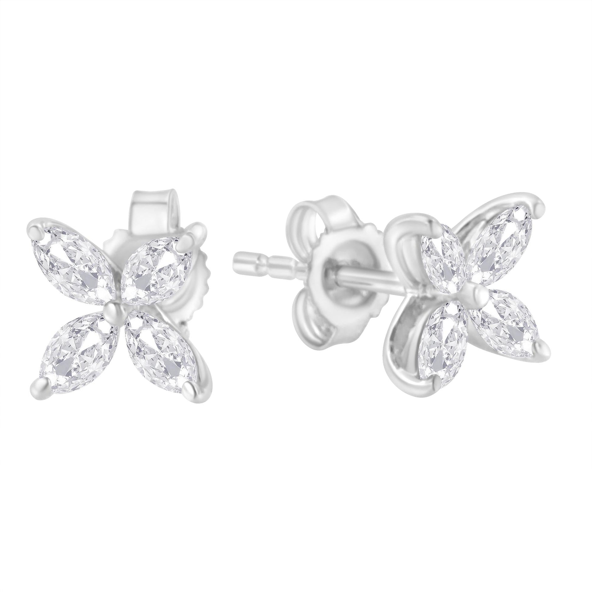 14K Gold Marquise Diamond 8 Stone Floral Leaf Stud Earrings (I-J Color SI2-I1