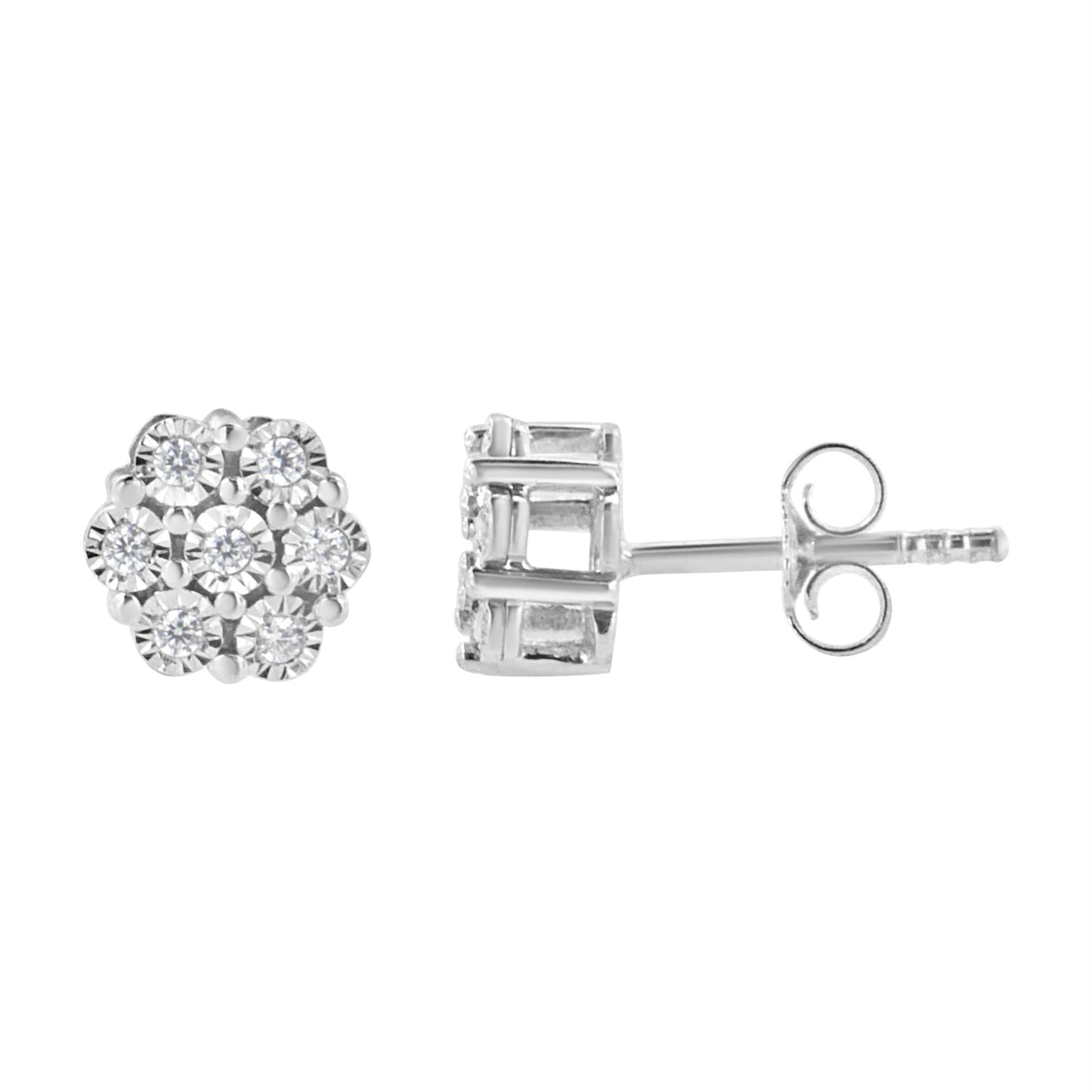 .925 Sterling Silver 1/10 Cttw Round-Cut Diamond Miracle-Set Floral Cluster Button Stud Earrings (I-J Color, I2-I3 Clarity)