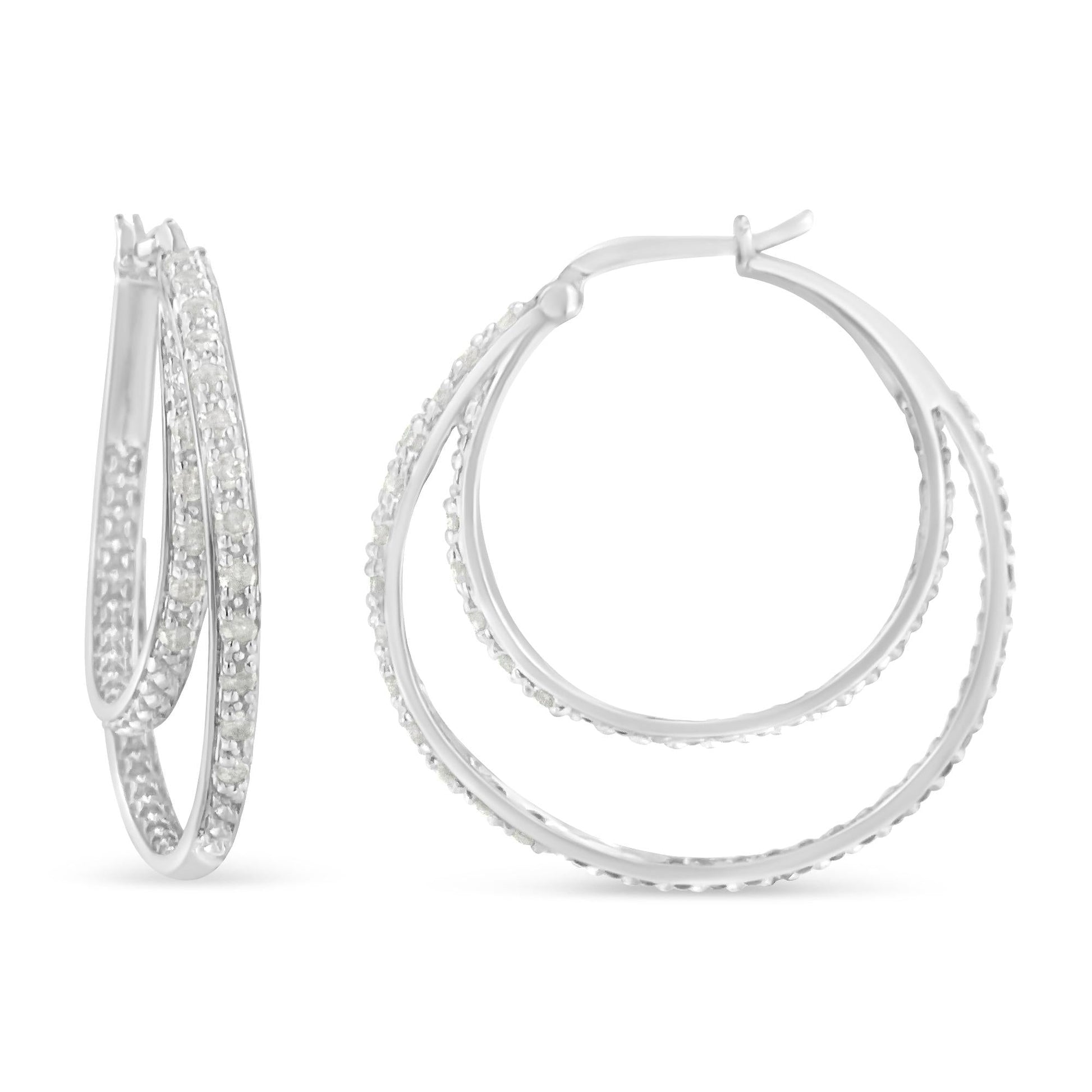 .925 Sterling Silver 1/2 cttw Miracle-Set Diamond Double Hoop with Latchback