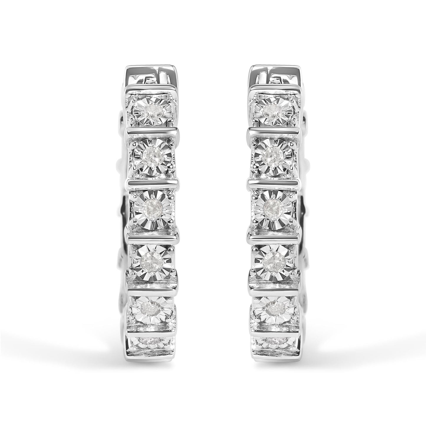 .925 Sterling Silver 1/2 Cttw Diamond Bar and Plate Eternity Hoop Earrings (I-J