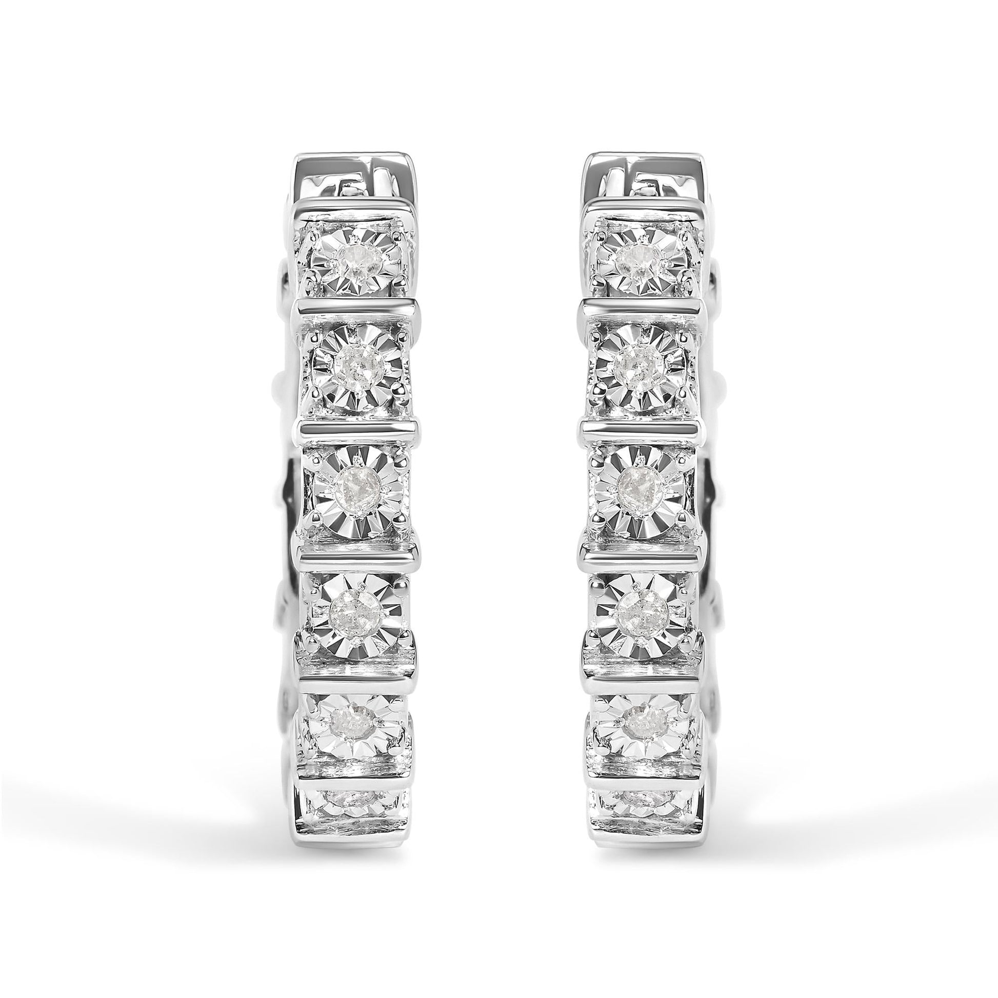 .925 Sterling Silver 1/2 Cttw Diamond Bar and Plate Eternity Hoop Earrings (I-J