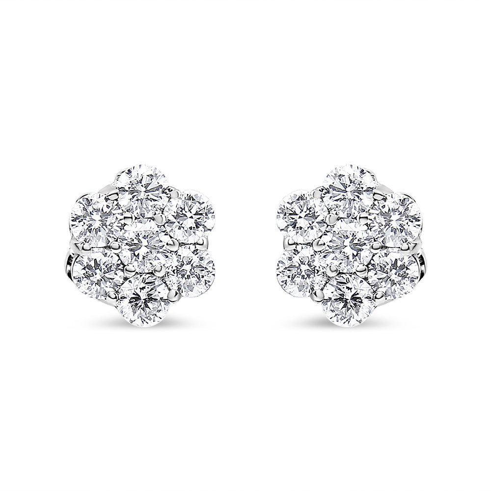 14K White Gold 7 Stone Floral Cluster Round Brilliant Cut Diamond Stud Earrings