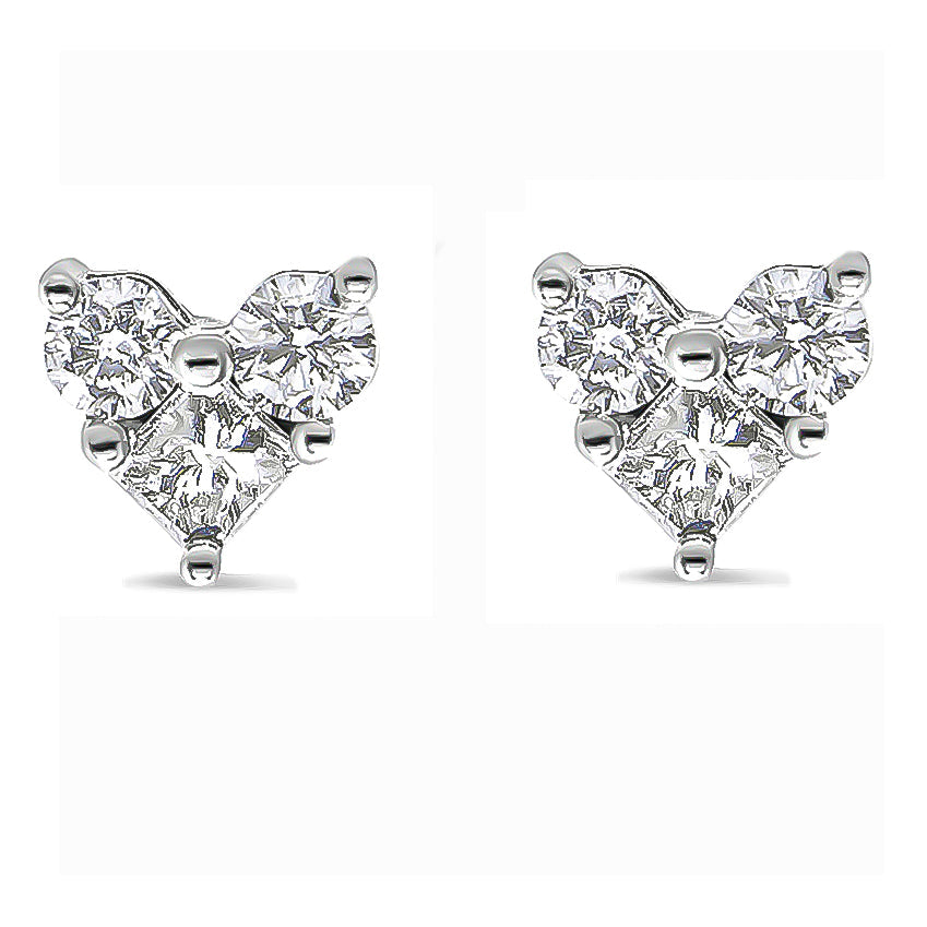 10K White Gold Diamond 3 Stone Trio Heart Stud Earring (I-J Color I1-I2