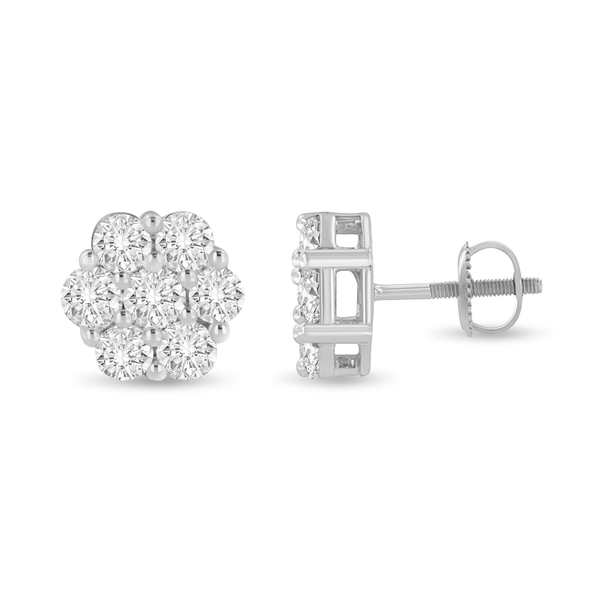 14K White Gold 3 cttw Prong Set Round-Cut Diamond Floral Cluster Stud Earring