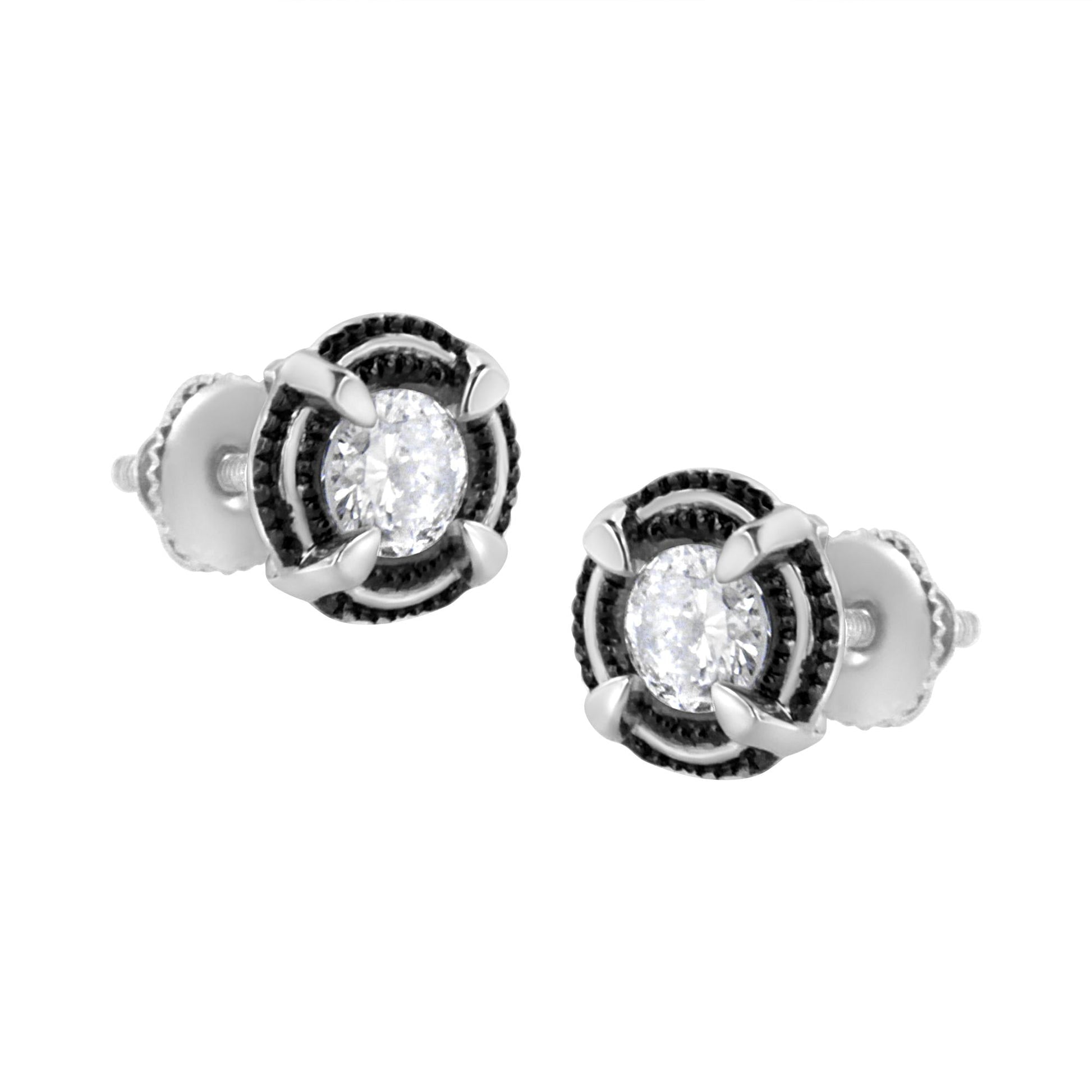 Black Rhodium Plated.925 Sterling Silver Round Diamond Double Halo 4-Prong