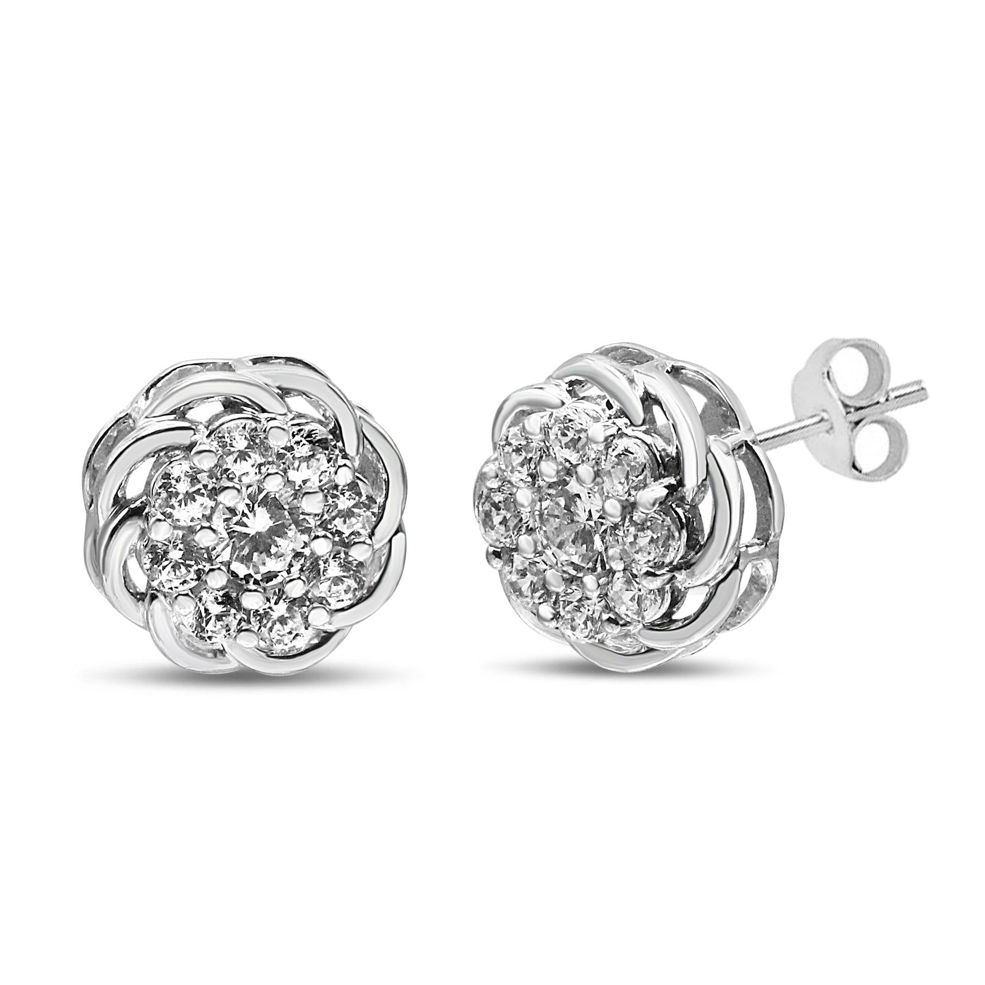 .925 Sterling Silver 1/2 Cttw Round Diamond Cluster Openwork Floral Halo Stud