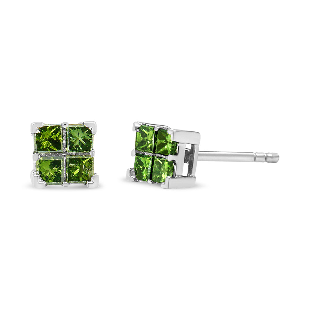 .925 Sterling Silver Treated Green Princess-cut Diamond 4 Stone Composite Quad