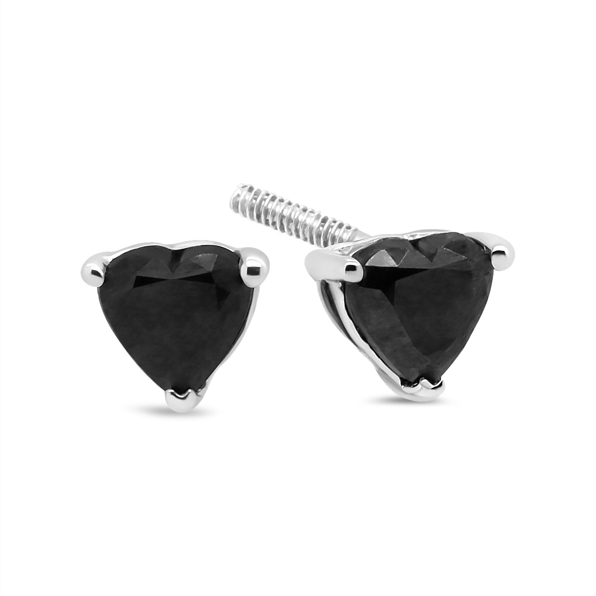 14K White Gold Black Heart Shaped Diamond Solitaire Stud Earrings (Black Color