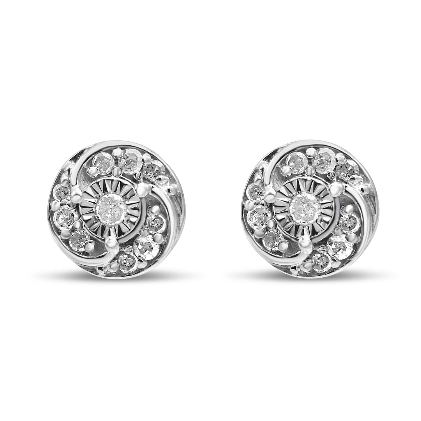 .925 Sterling Silver 1/4 Cttw Round Diamond Spiral Halo Cluster Stud Earrings