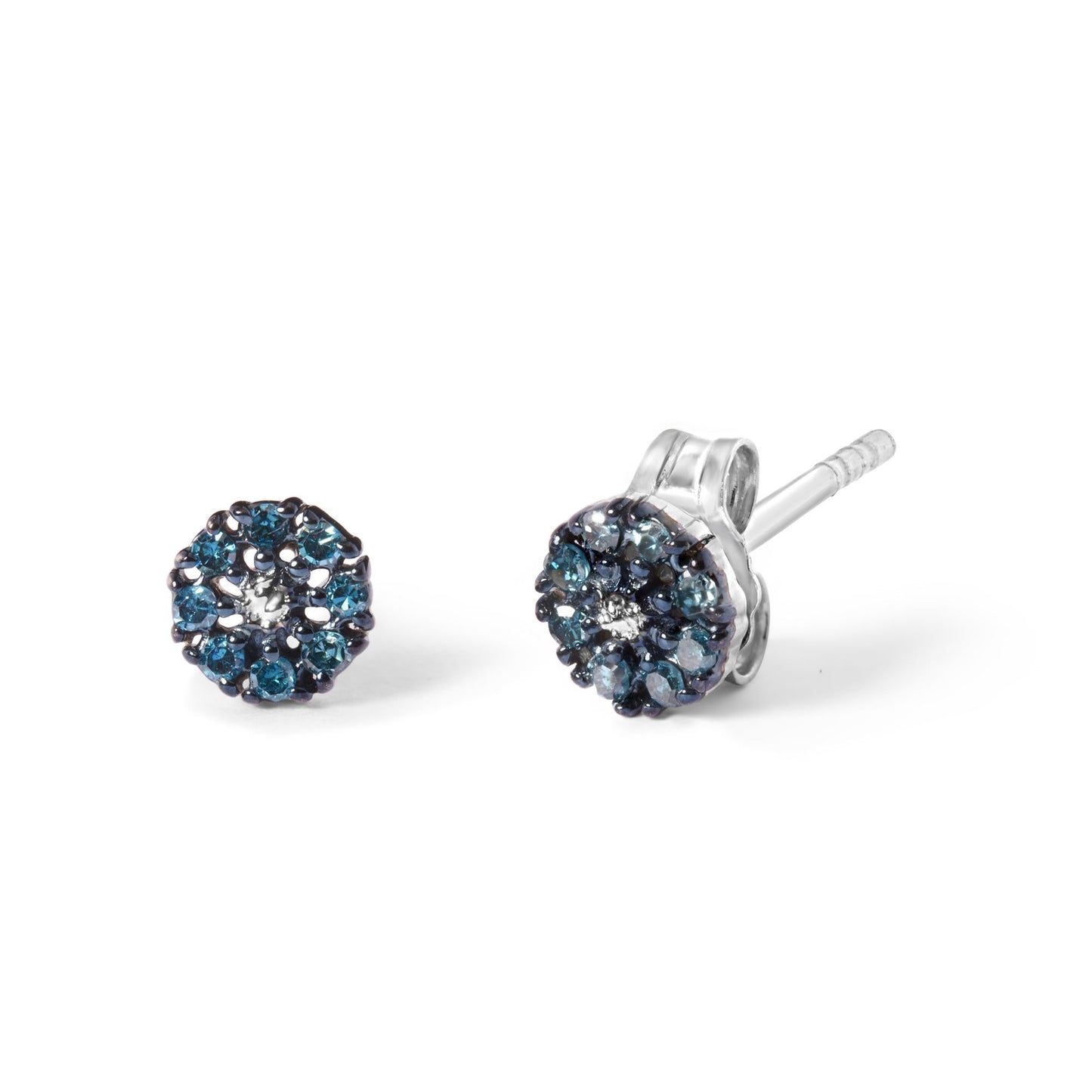 925 Sterling Silver 1/10 Cttw Blue Diamond Floral Cluster Stud Earrings (Blue Color, I3 Clarity)