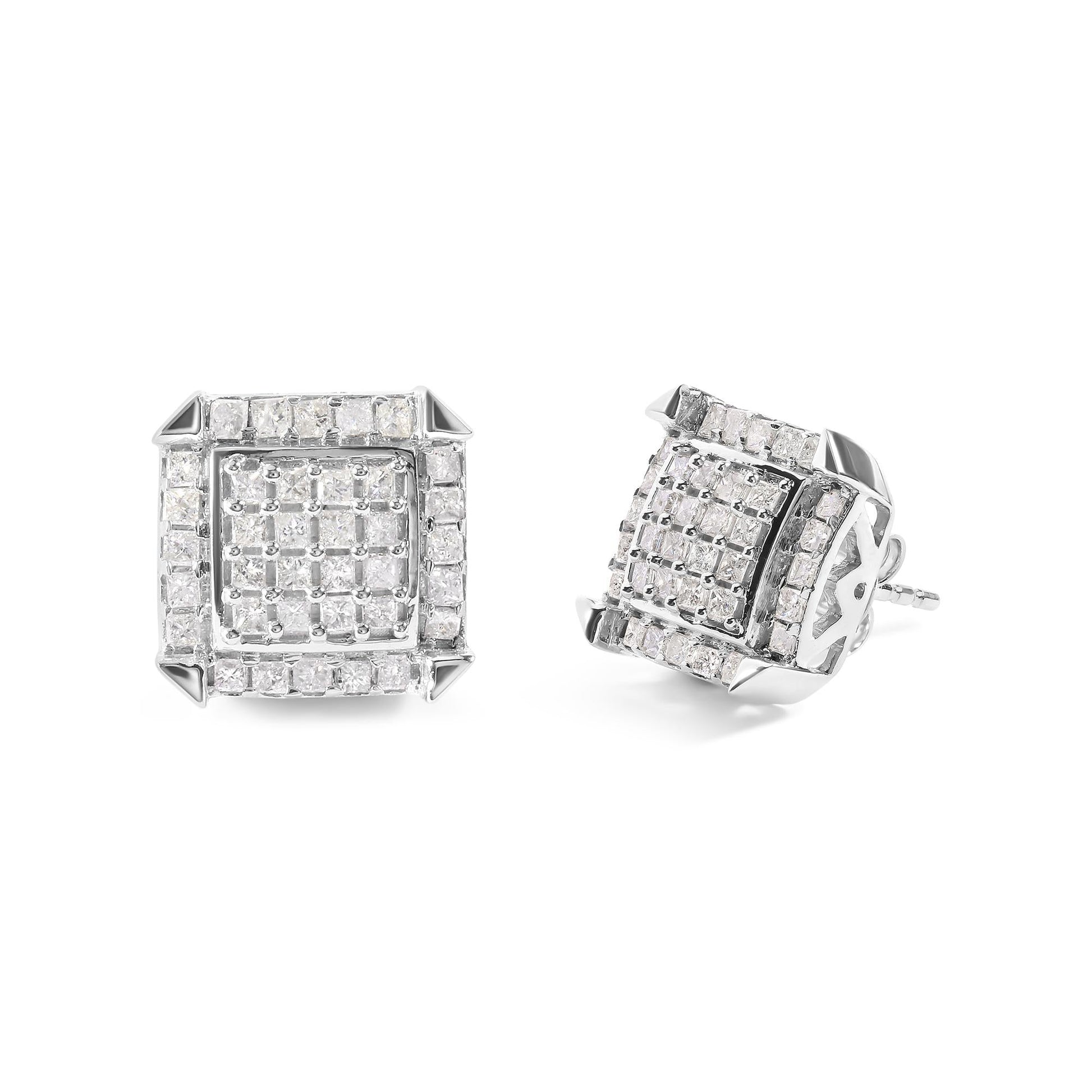 10K White Gold 1 1/10 Cttw Princess Diamond Composite and Halo Stud Earrings