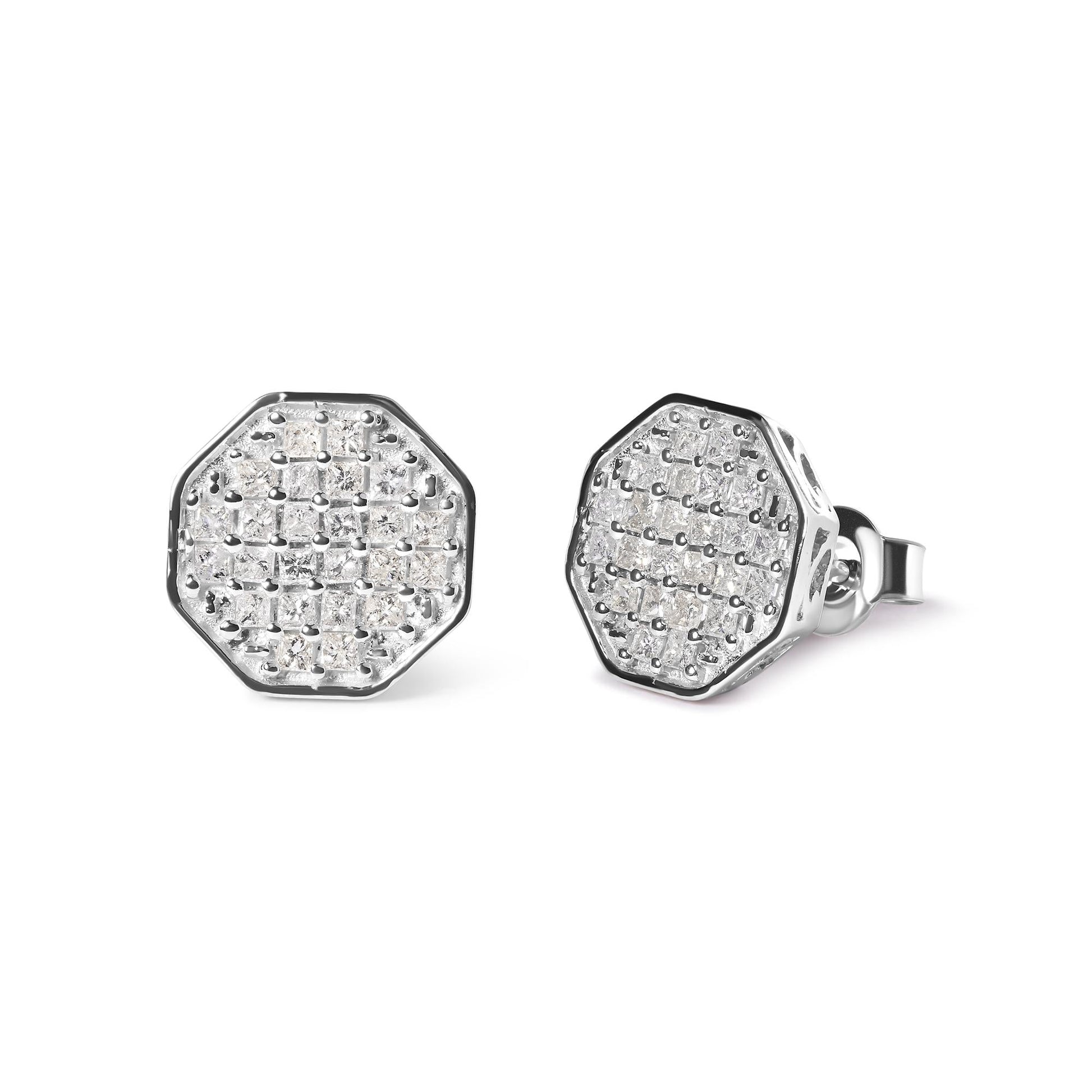 10K White Gold 7/8 Cttw Princess Diamond Composite Octagon Shaped Stud Earrings