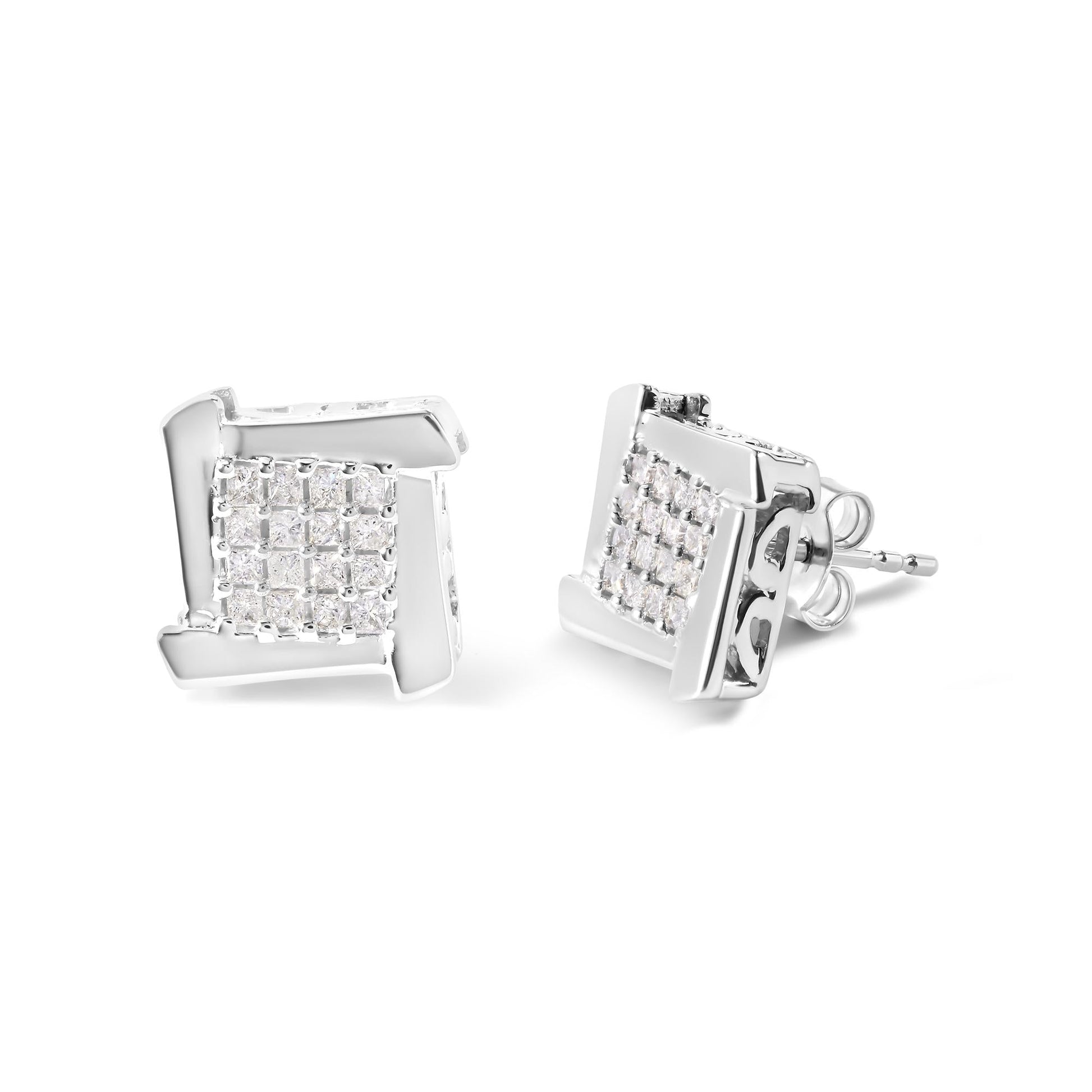 10K White Gold 1/2 Cttw Composite Princess Diamond Square and Swirl Stud