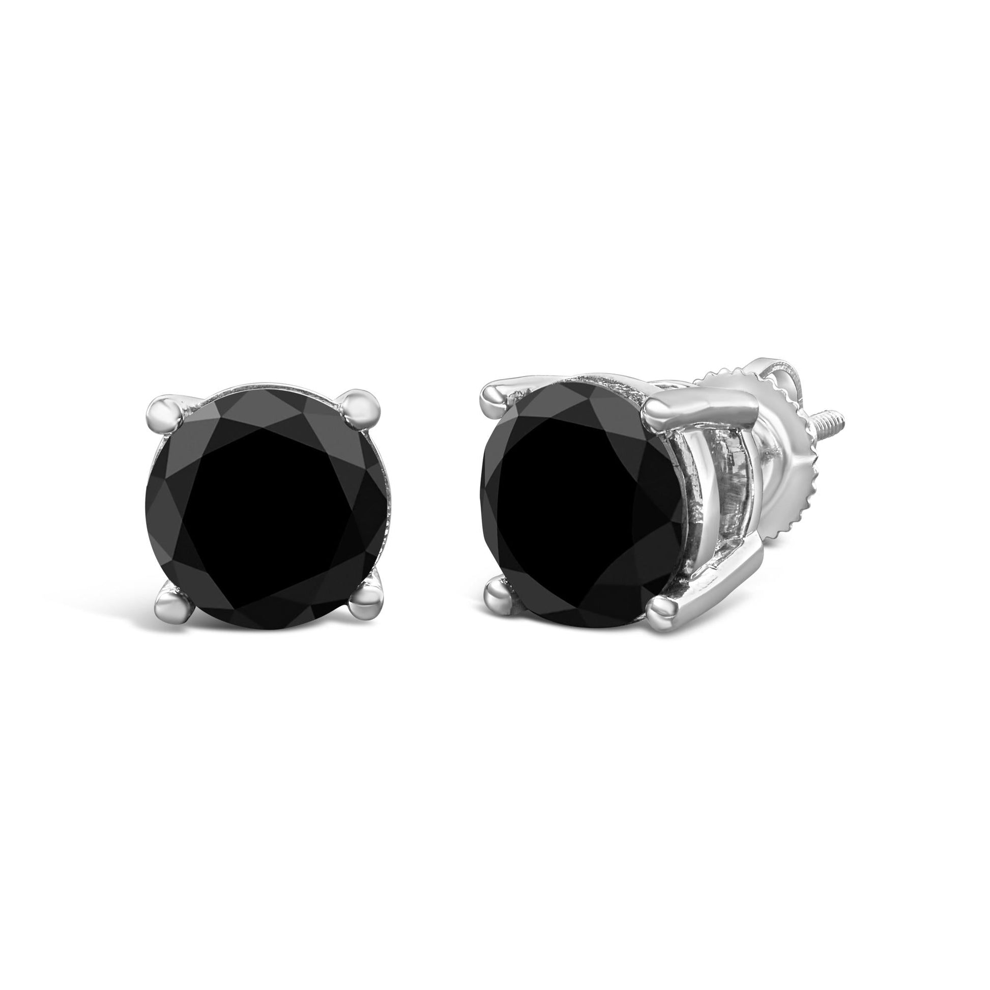 14K White Gold Round Brilliant-Cut Black Diamond Classic 4-Prong Stud Earrings