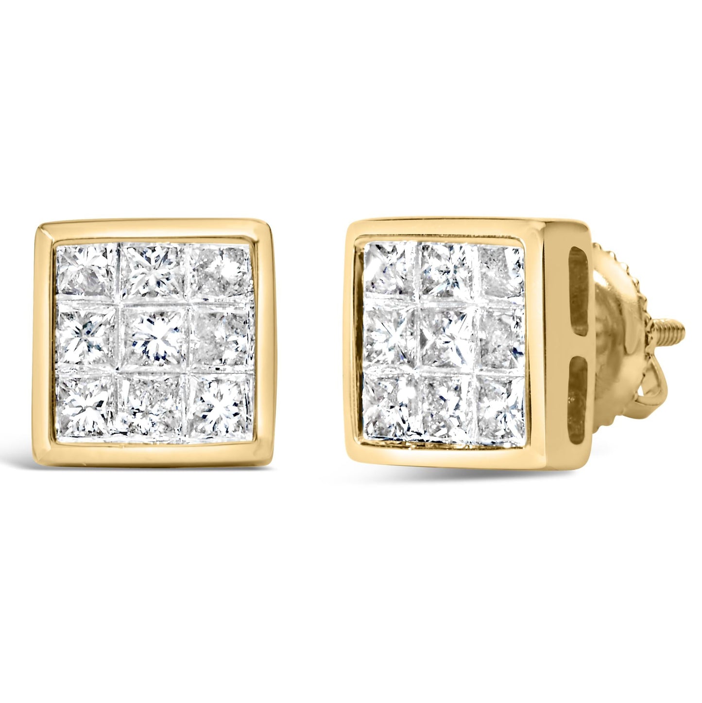 14K Yellow Gold 1.0 Cttw Princess Cut Diamond Composite Stud Earrings