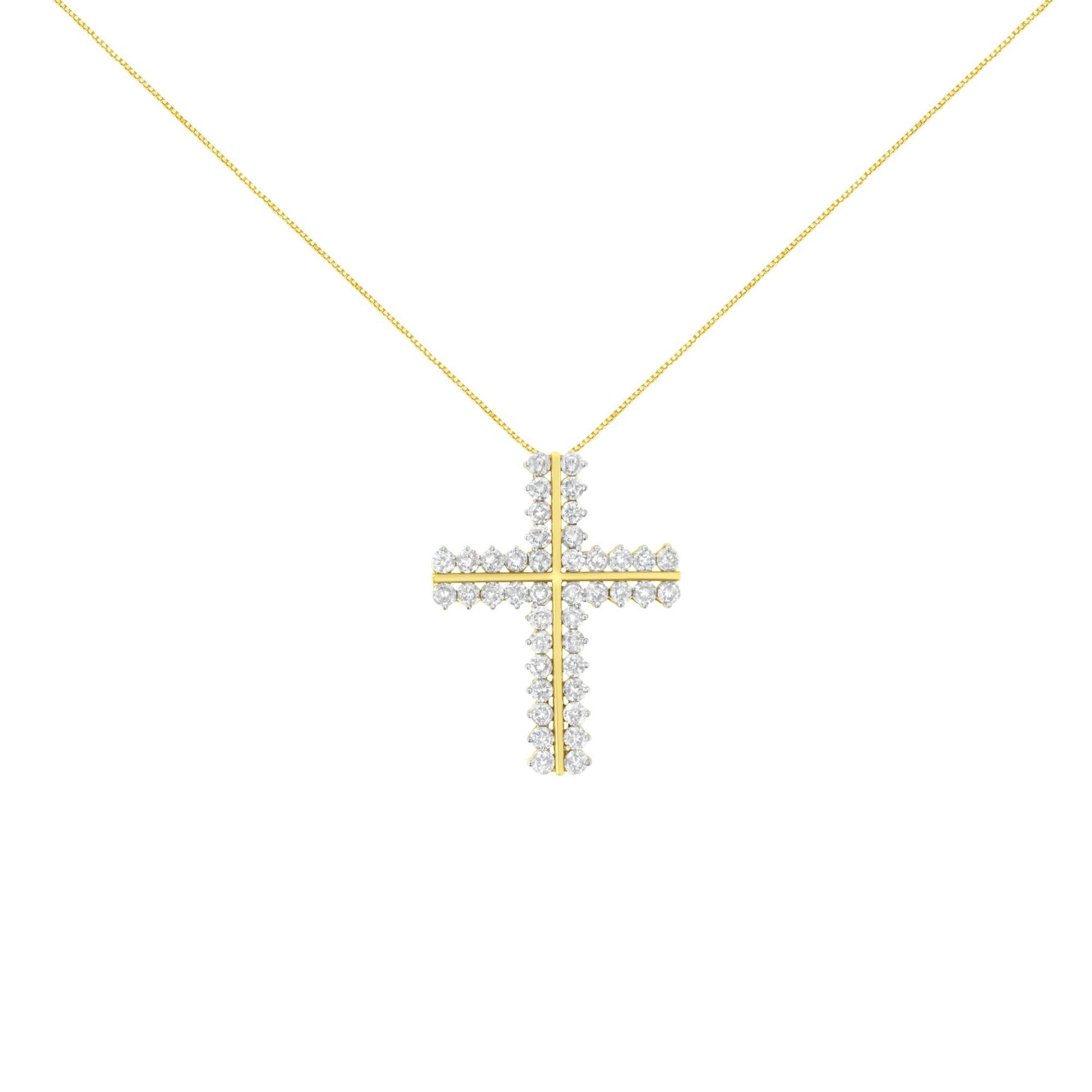 10K Yellow Gold 4.0 Cttw Diamond Two Row Cross 18’’ Pendant Necklace (J-K