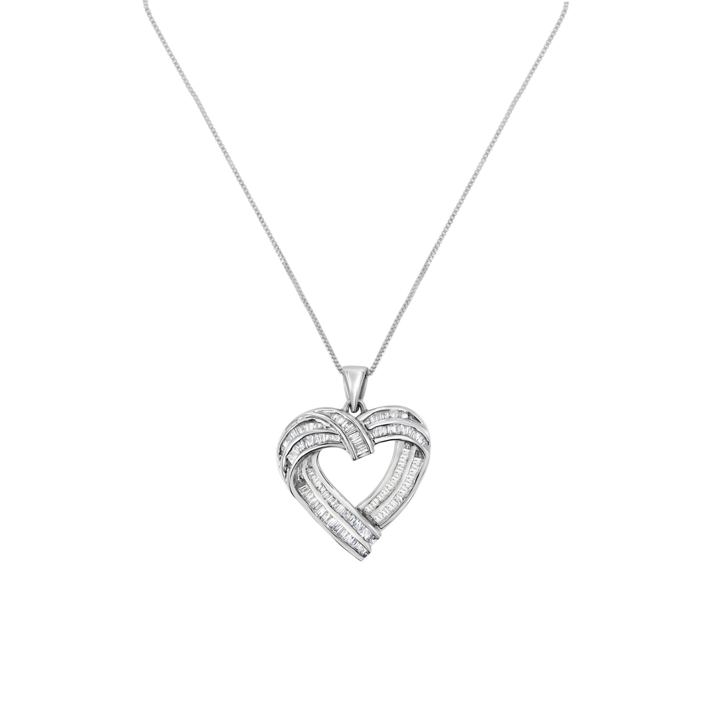 Sterling Silver 7/8 cttw Baguette Diamond Heart Pendant Necklace (I-J I2-I3)