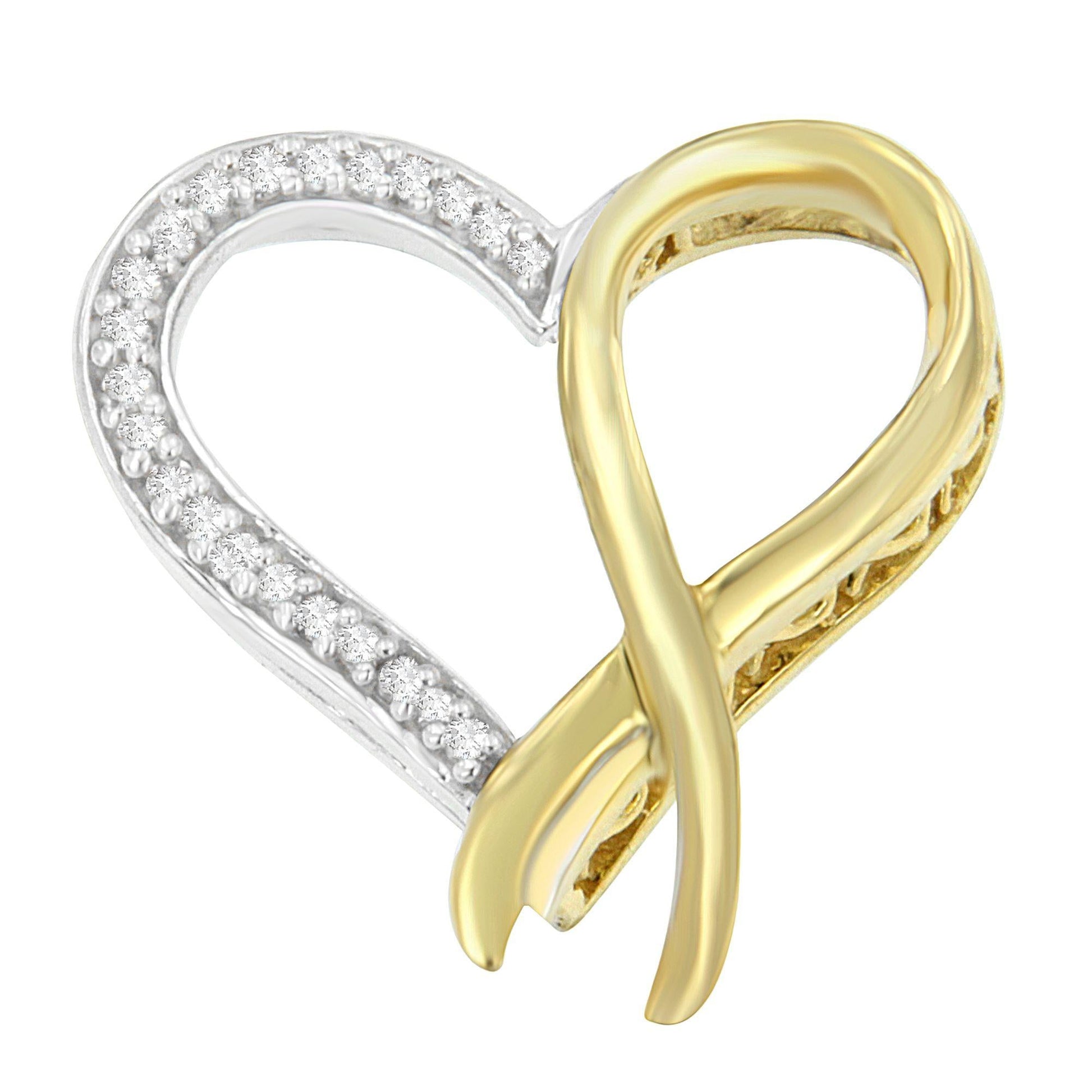 Two-Tone.925 Sterling Silver 1/10 cttw Round Cut Diamond Ribbon Heart Pendant