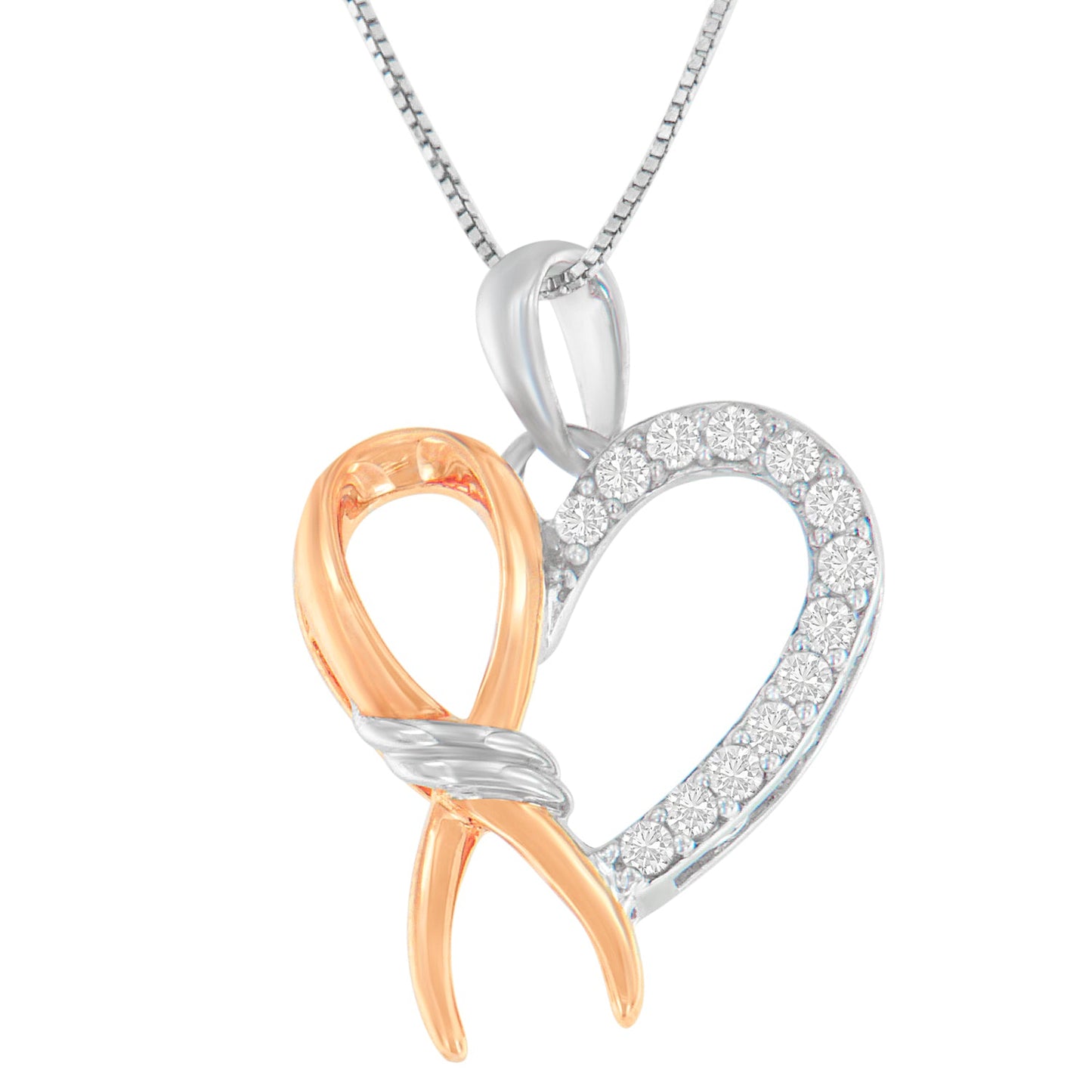 Two-Toned.925 Sterling Silver 1/5 cttw Round Cut Diamond Ribbon Heart Accent