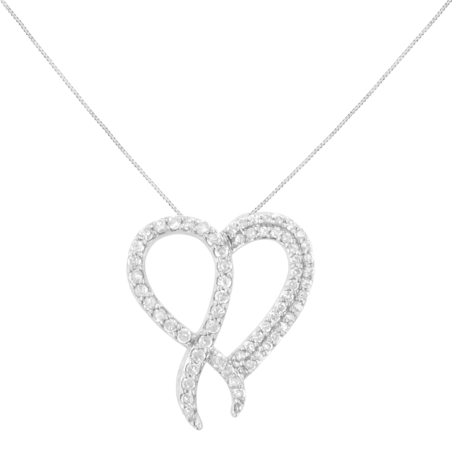 .925 Sterling Silver 1 cttw Diamond Heart and Ribbon 18’’ Pendant Necklace