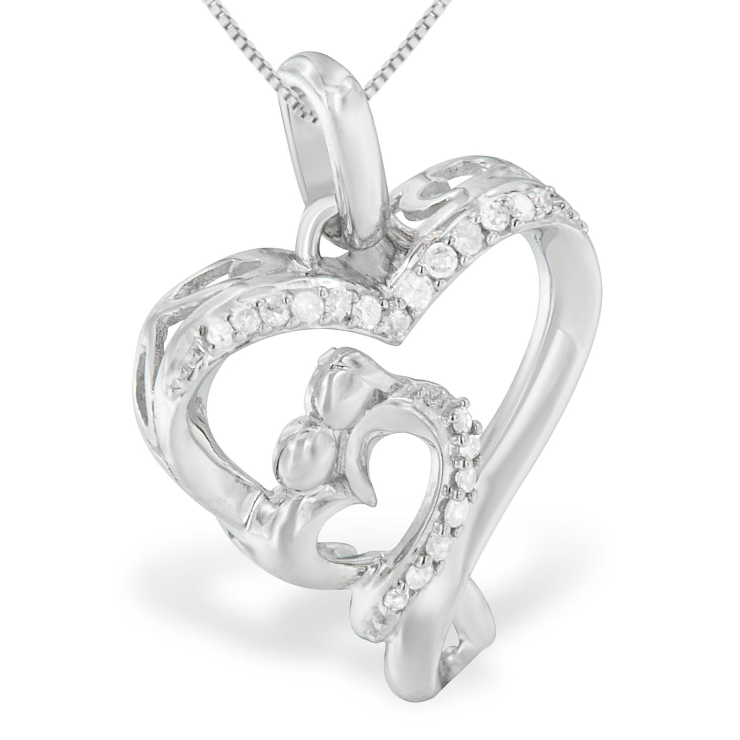 .925 Sterling Silver 1/10 cttw Diamond Mother & Child Double Open Heart