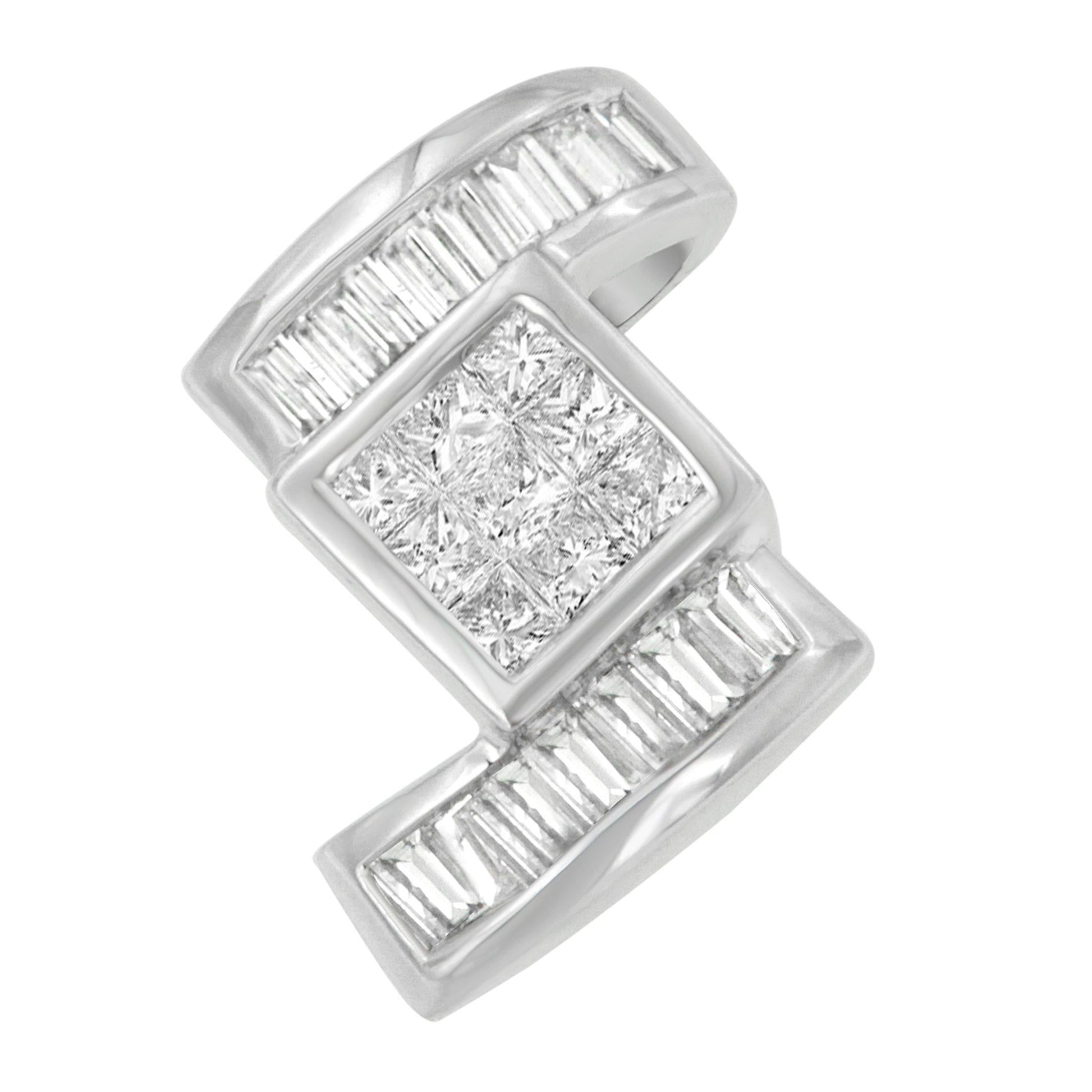 14K White Gold 1 2/5 cttw Princess and Baguette Cut Diamond Zig Zag Pendant