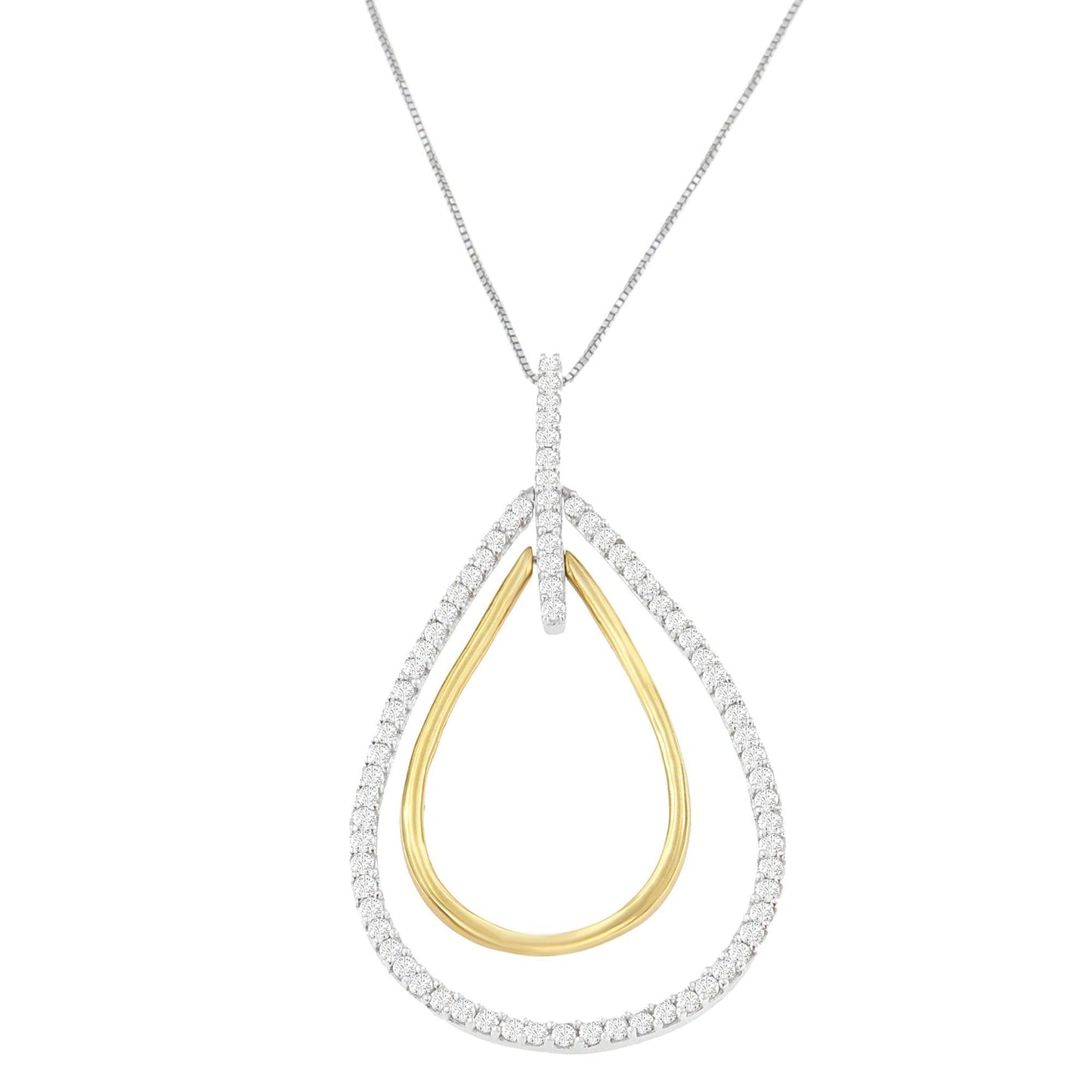 14K Two-Tone Gold Round Cut Diamond Double Burst Pendant Necklace (1.00 cttw