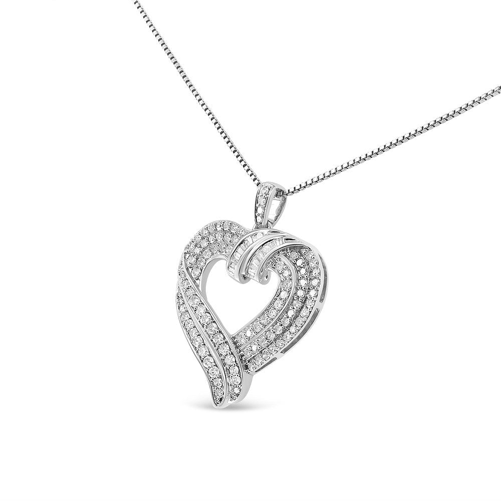 .925 Sterling Silver 1.00 Cttw Baguette Diamond Composite Open Heart 18’’