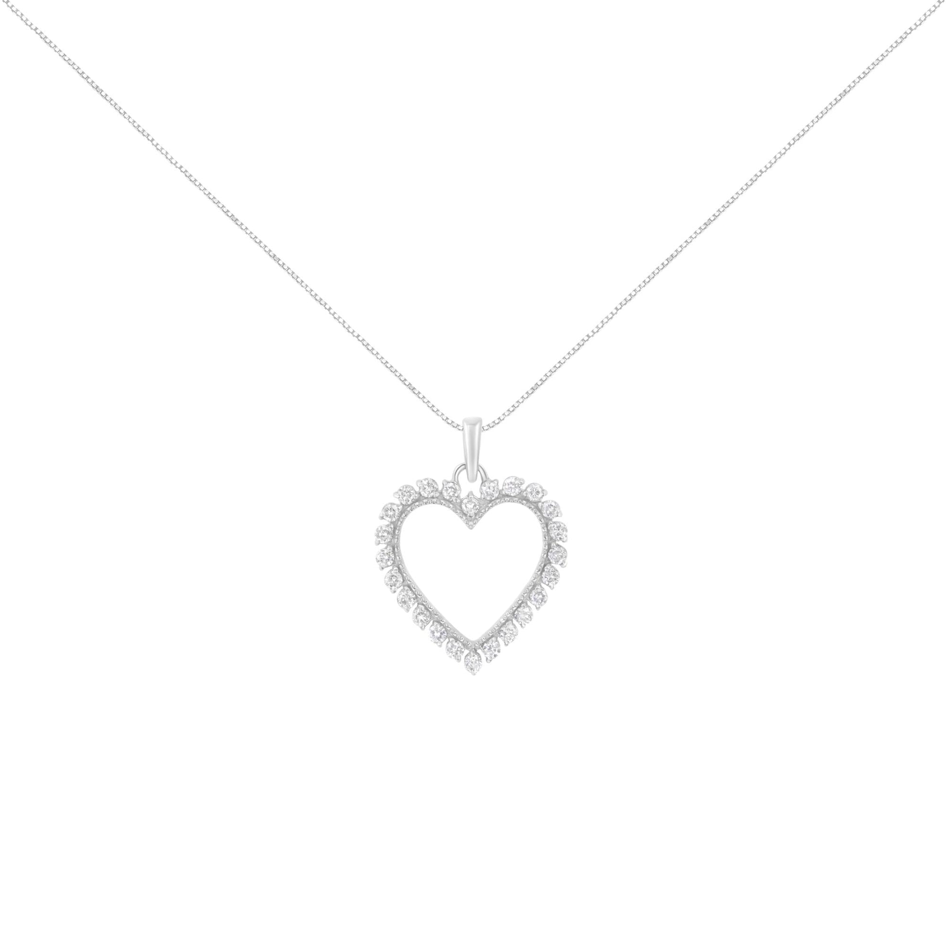 .925 Sterling Silver 1/2 Cttw Prong Set Diamond Encrusted Open Heart 18’’