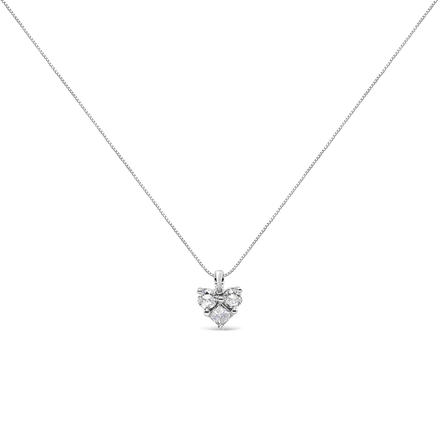 10K White Gold 1/4 Cttw Diamond 3 Stone Heart Shaped Pendant 18’’ Necklace