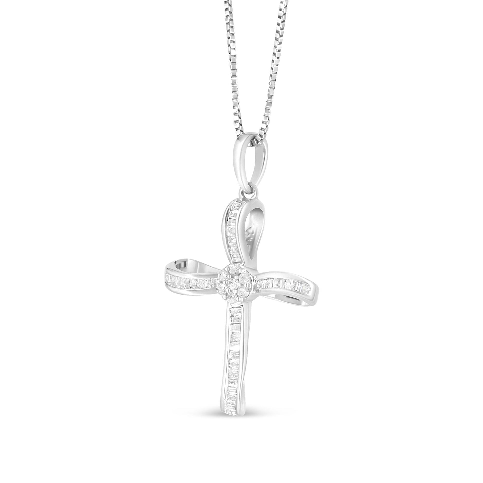 .925 Sterling Silver 1/4 Cttw Diamond Floral Cluster Cross Pendant Necklace