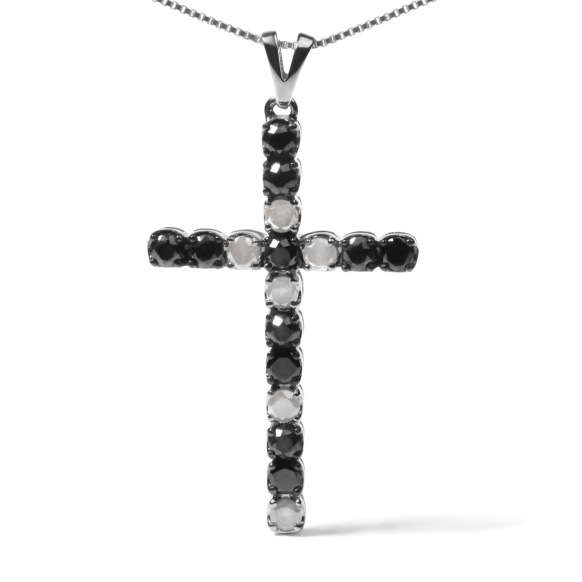 .925 Sterling Silver 1.0 Cttw Black and White Diamond Alternating Classic Cross