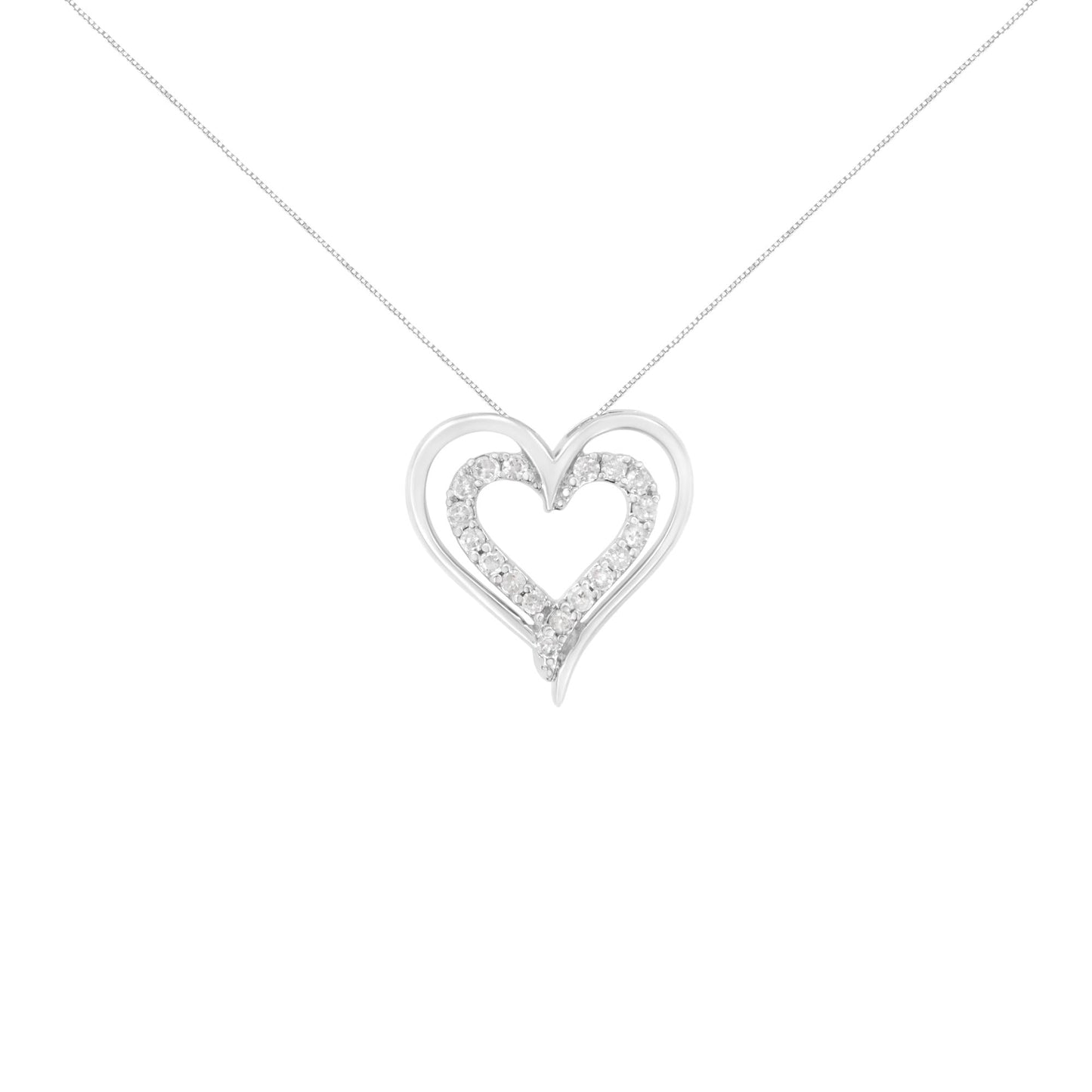 .925 Sterling Silver 1/4 cttw Diamond Open Double Heart 18’’ Pendant