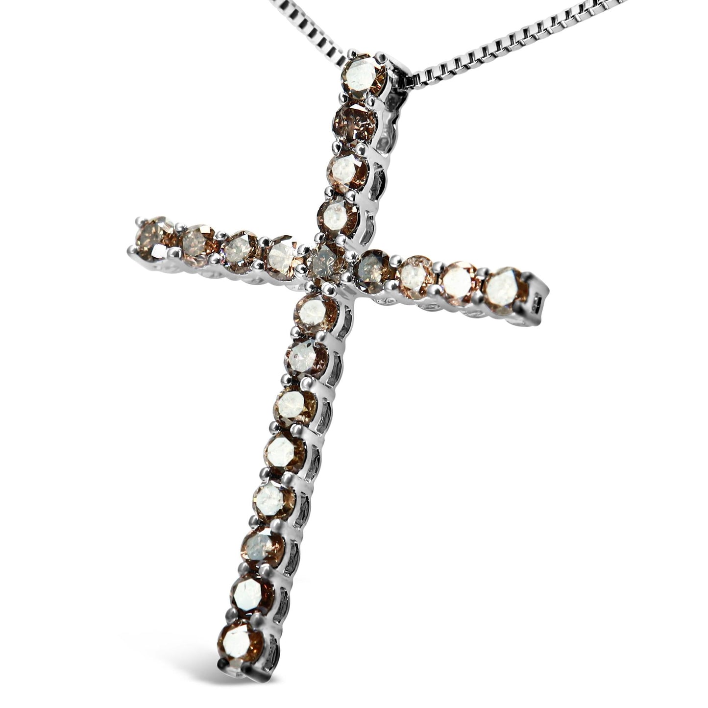 .925 Sterling Silver 1.0 Cttw Champagne Diamond Gold Cross Pendant Necklace