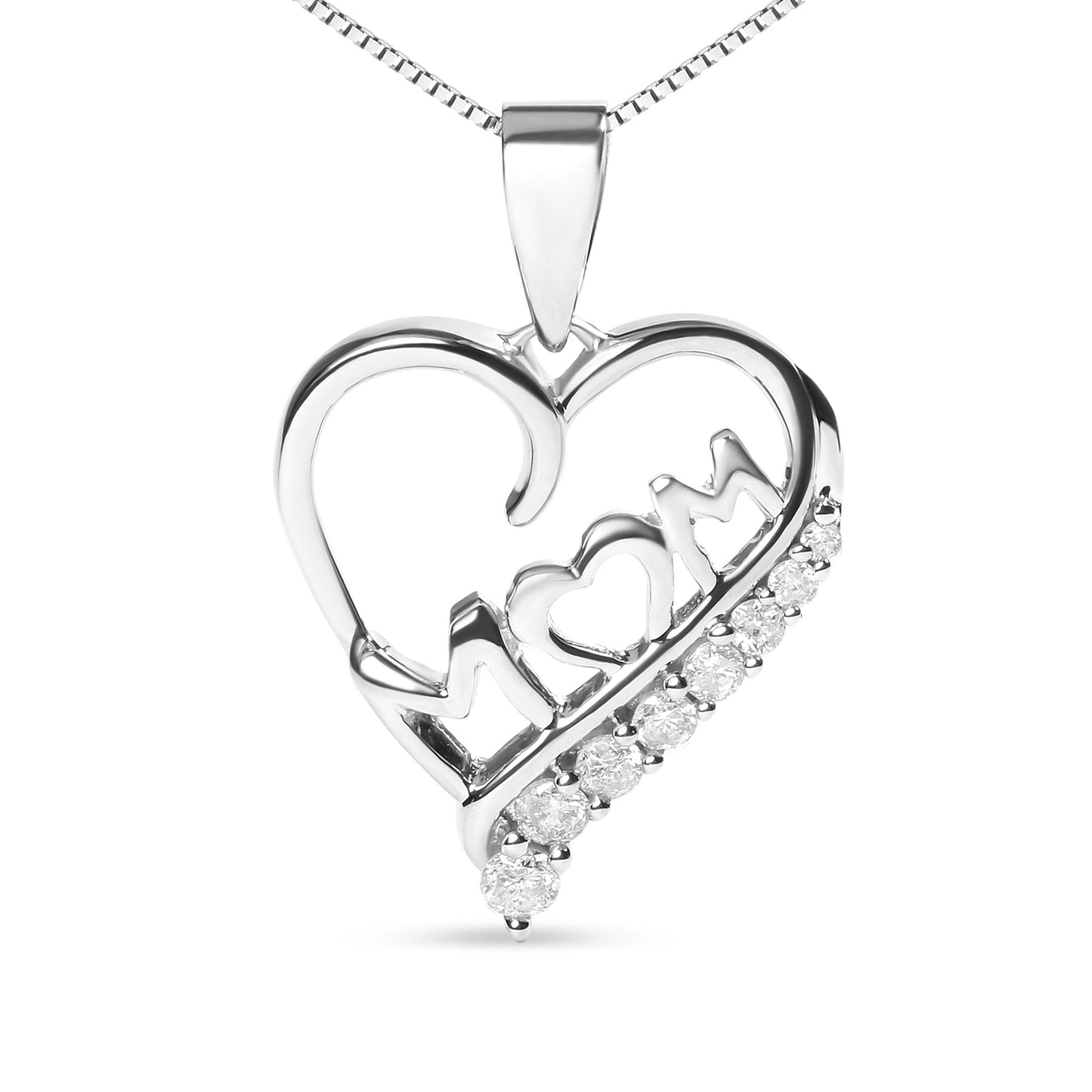 .925 Sterling Silver 1/4 Cttw Diamond ’Mom’ and Open Heart 18’’ Pendant