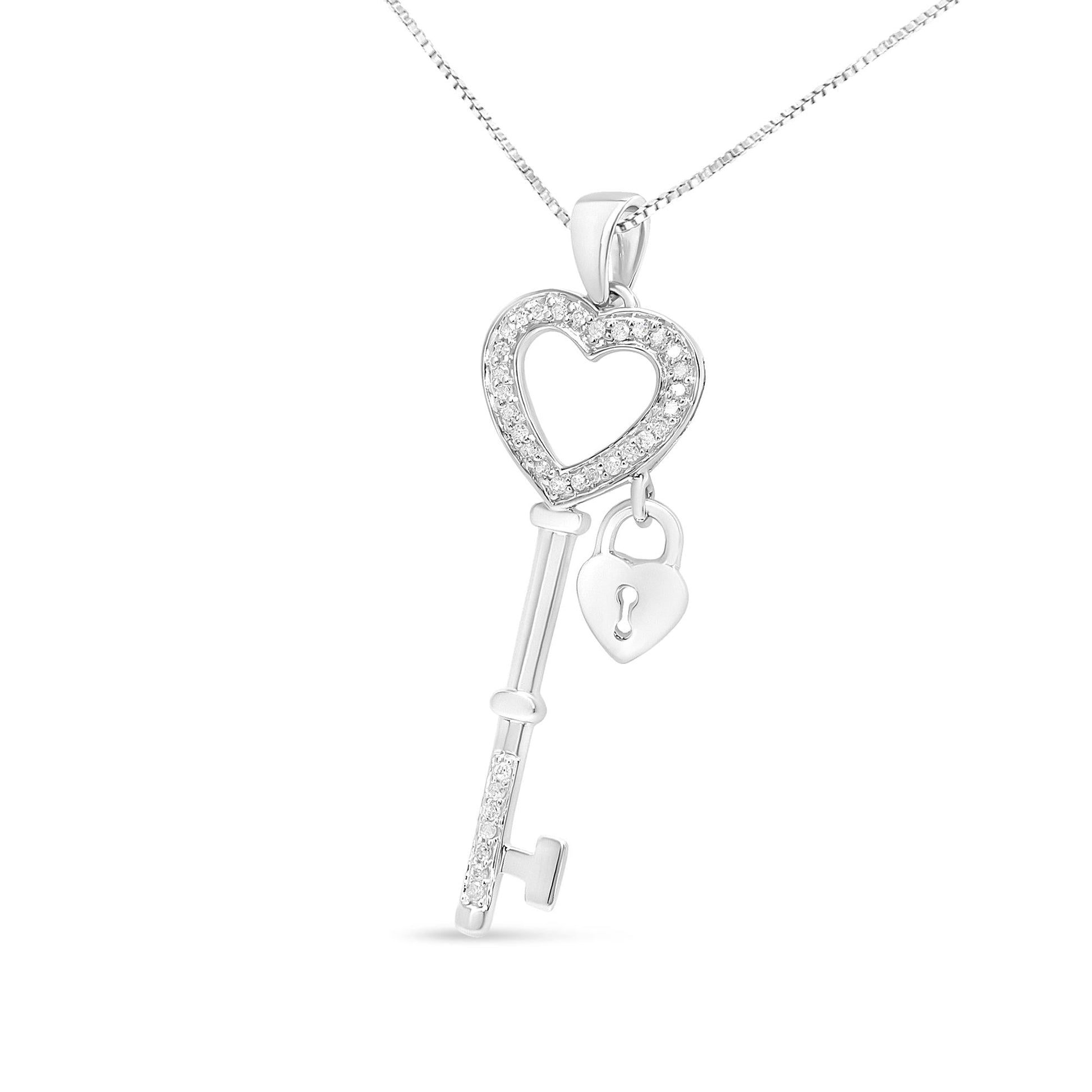 .925 Sterling Silver 1/4 Cttw Diamond Lock & Key heart 18’’ Pendant